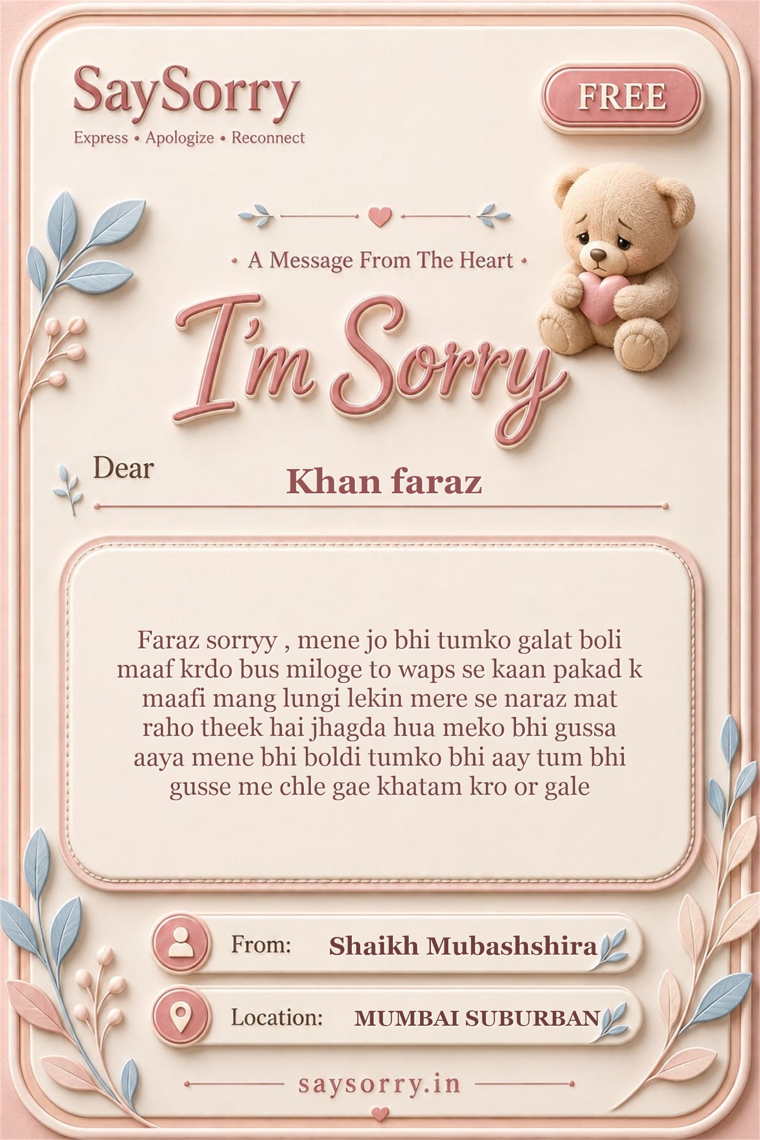 Free personalised sorry card image for Khan faraz with a heartfelt apology message