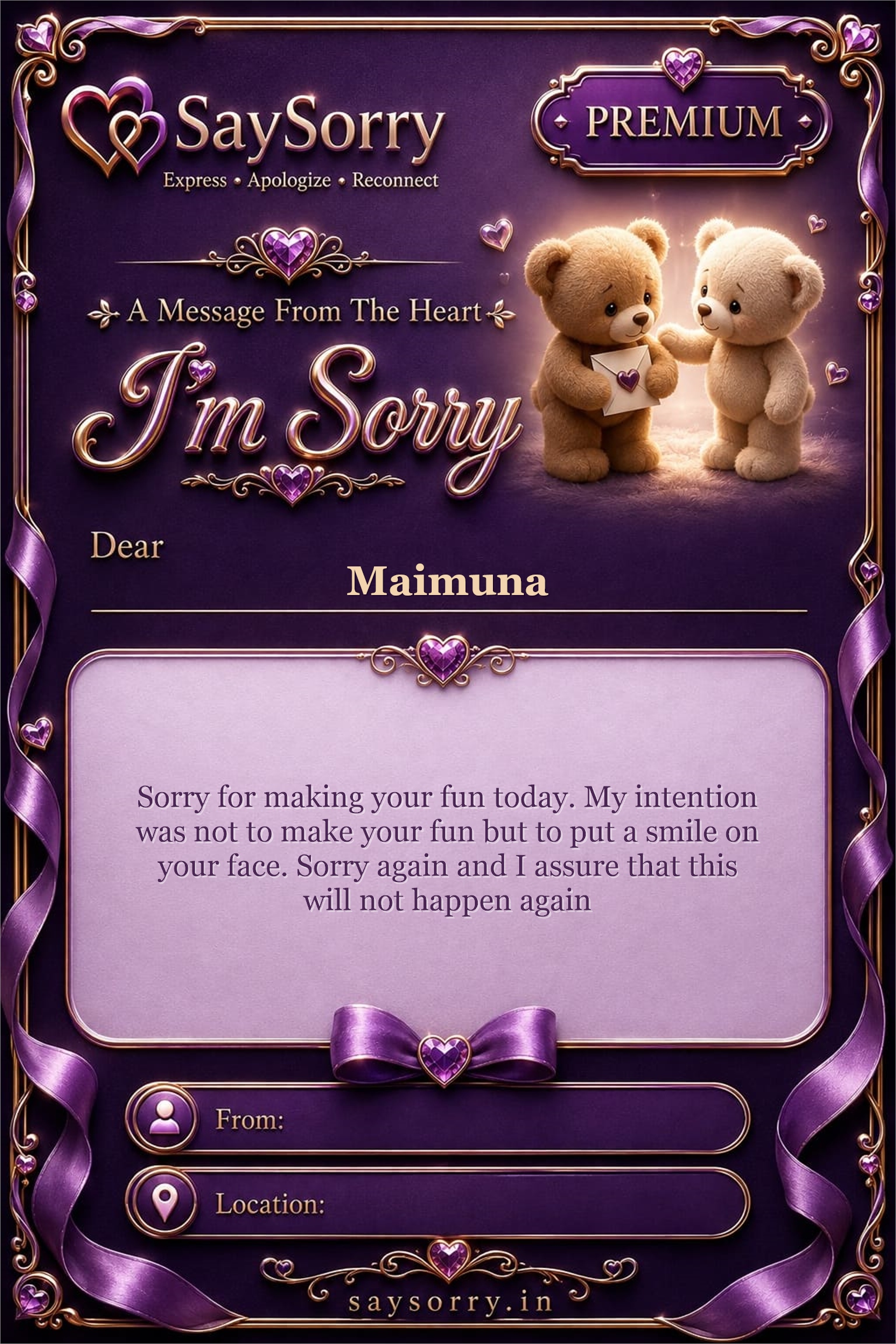 Premium personalised sorry card image for Maimuna with a heartfelt apology message