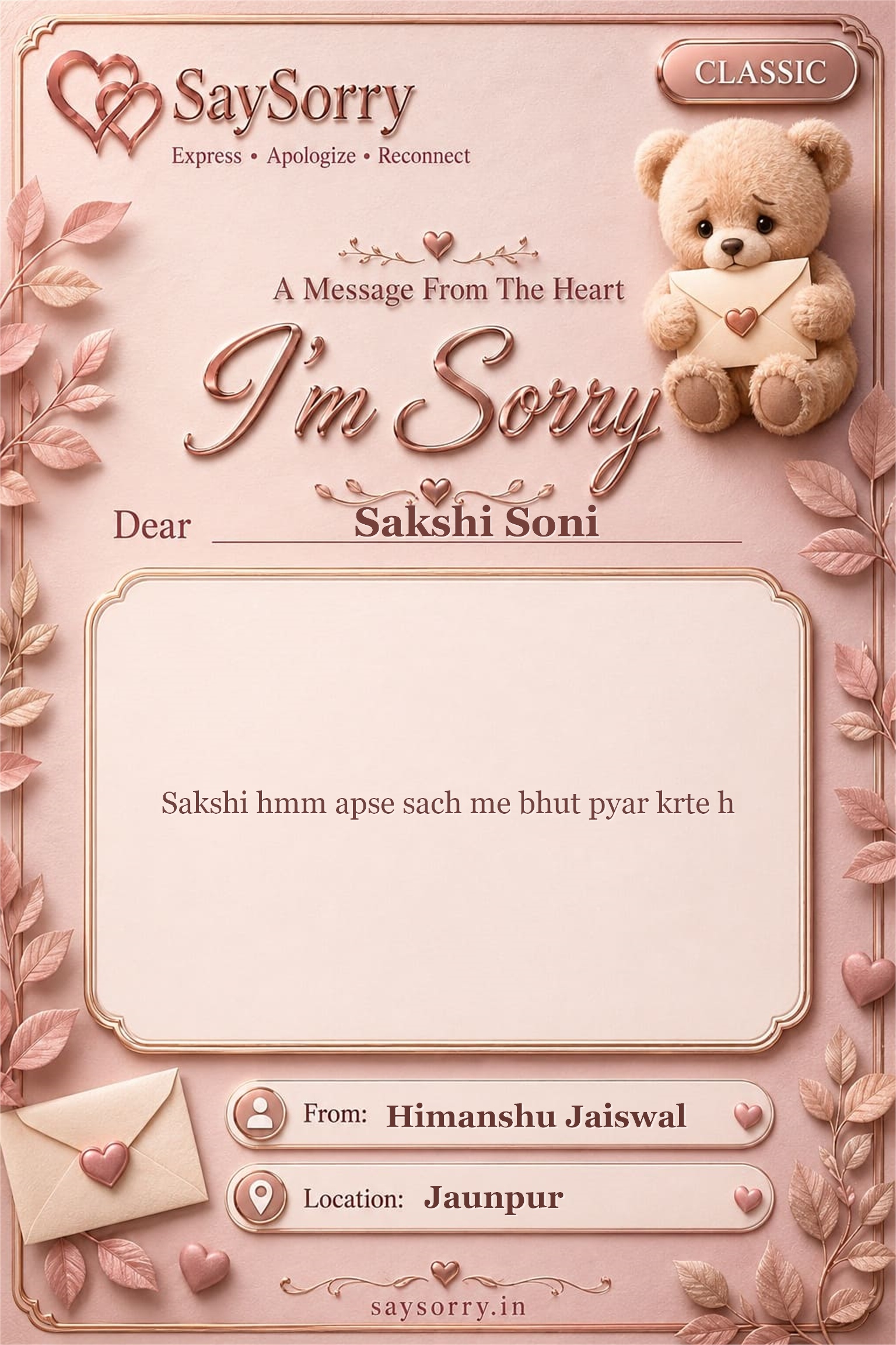 Classic personalised sorry card image for Sakshi Soni with a heartfelt apology message