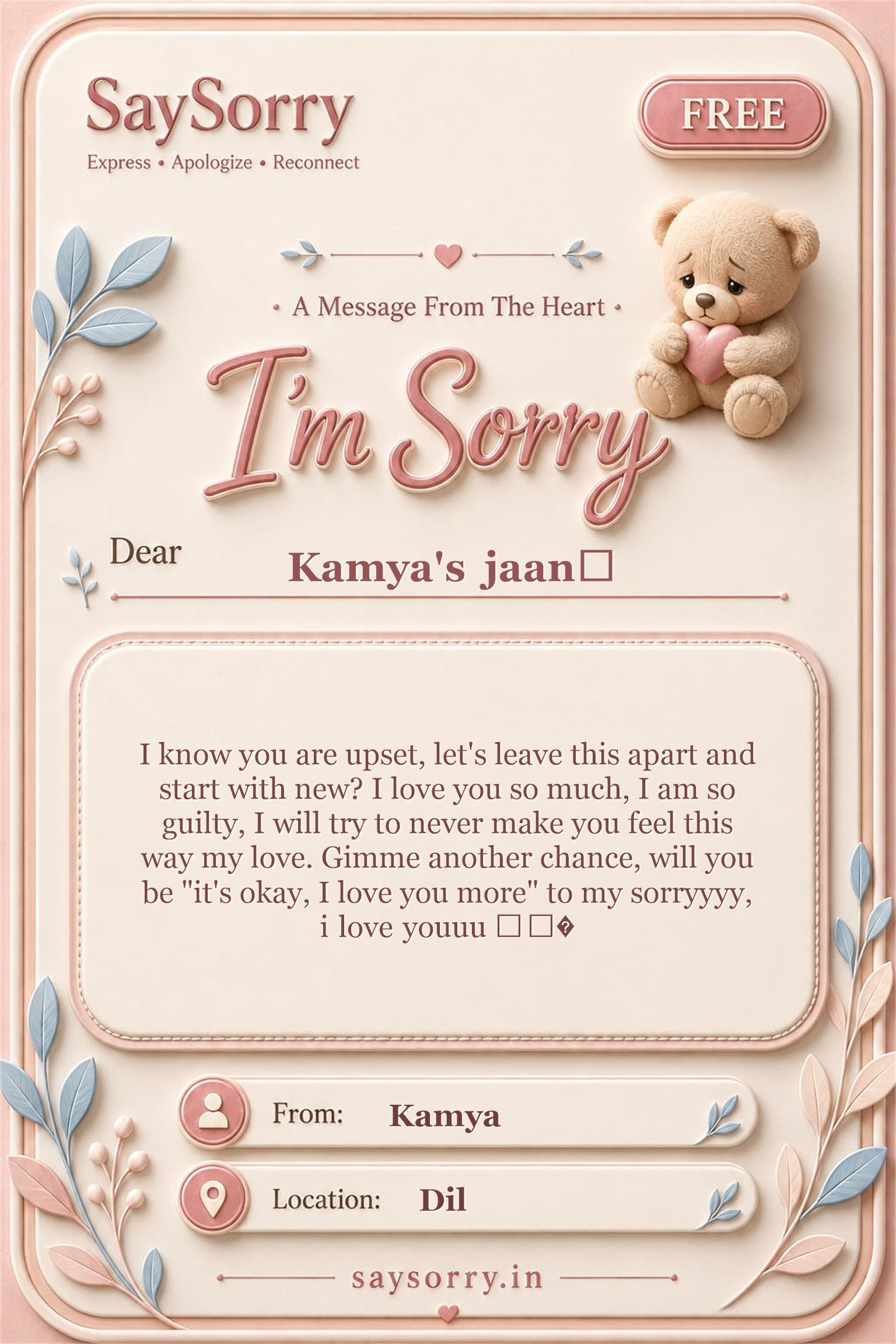 Free personalised sorry card image for Kamya's jaan💗 with a heartfelt apology message