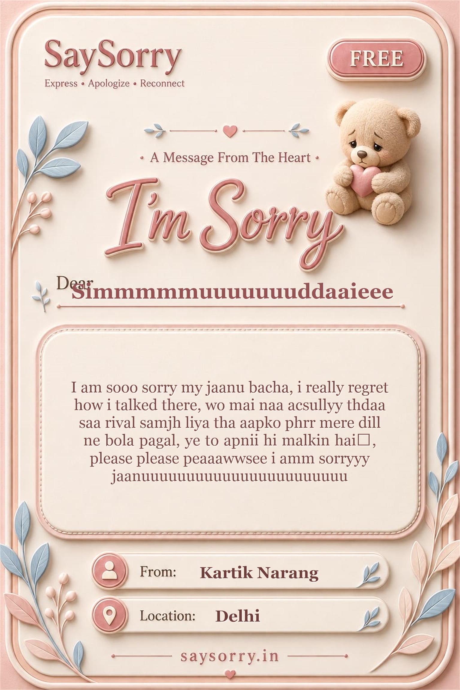 Free personalised sorry card image for Simmmmmuuuuuuuddaaieee with a heartfelt apology message