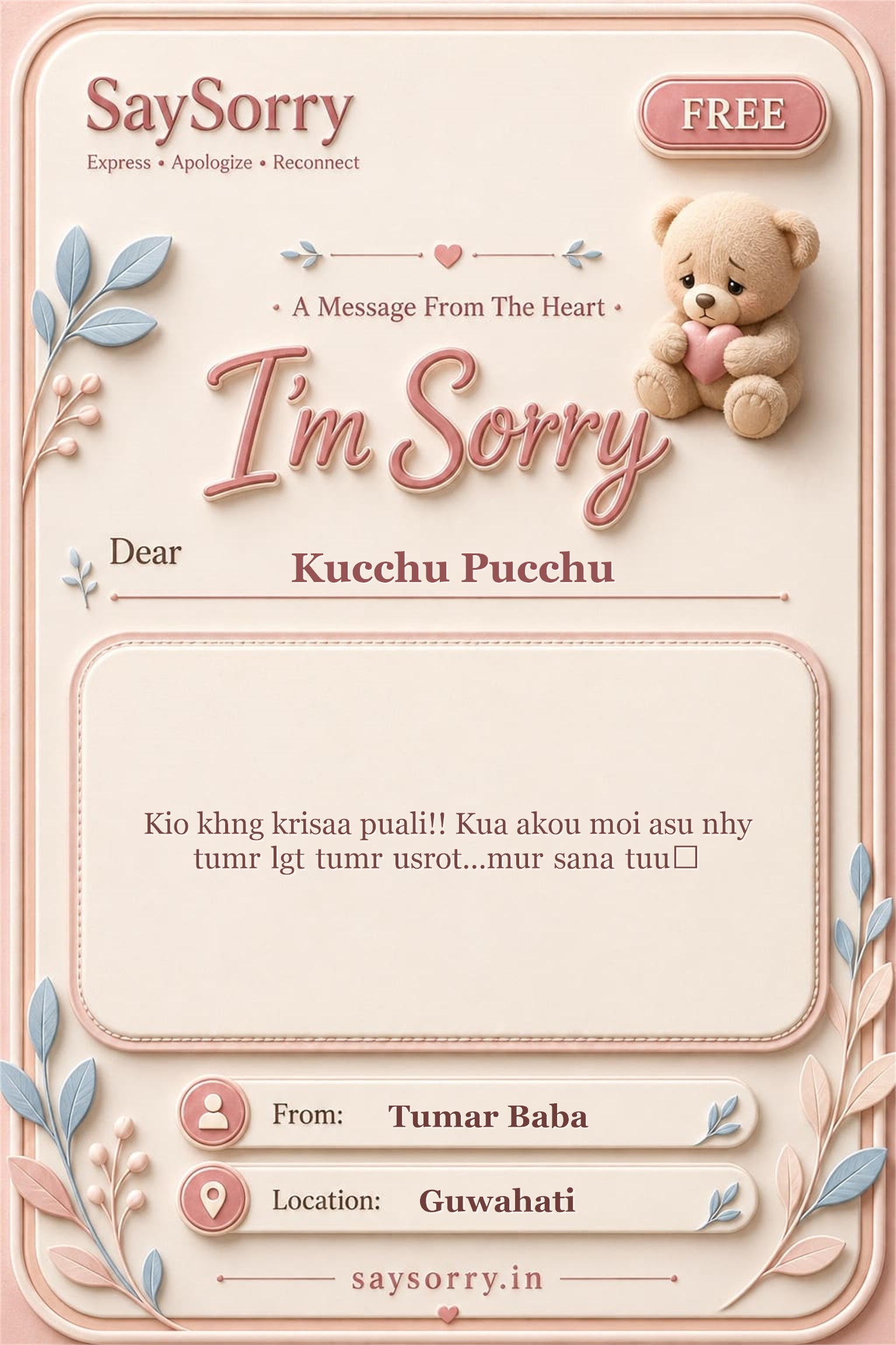Free personalised sorry card image for Kucchu Pucchu with a heartfelt apology message