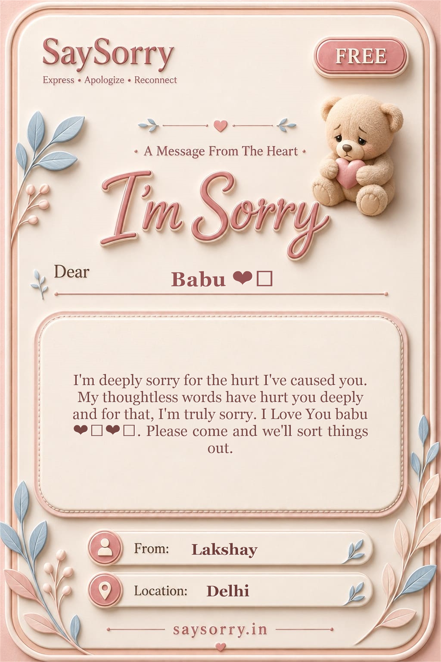 Free personalised sorry card image for Babu ❤️ with a heartfelt apology message