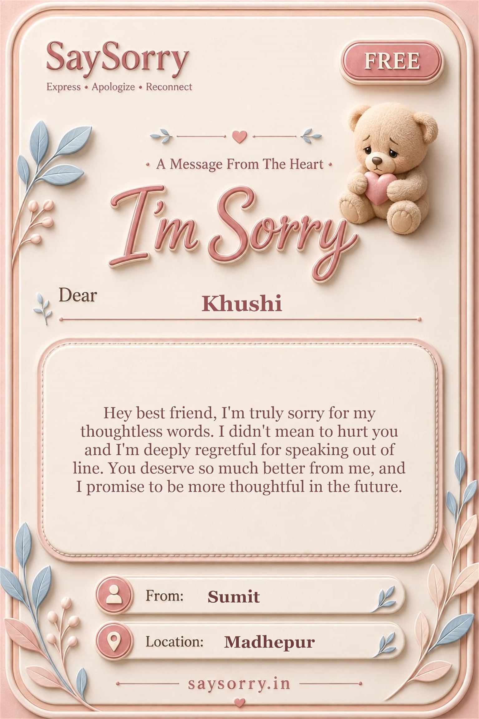 Free personalised sorry card image for Khushi with a heartfelt apology message