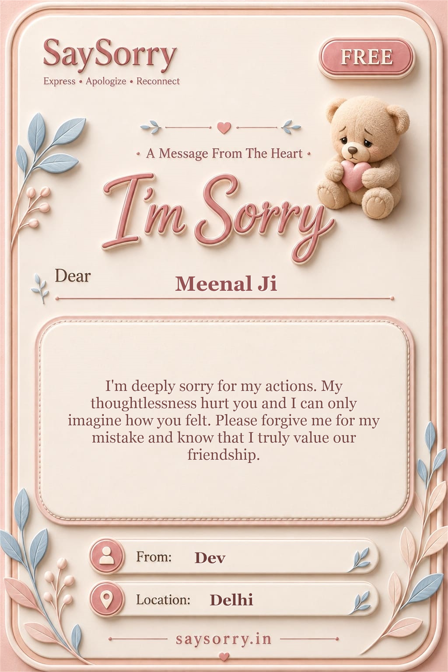Free personalised sorry card image for Meenal Ji with a heartfelt apology message