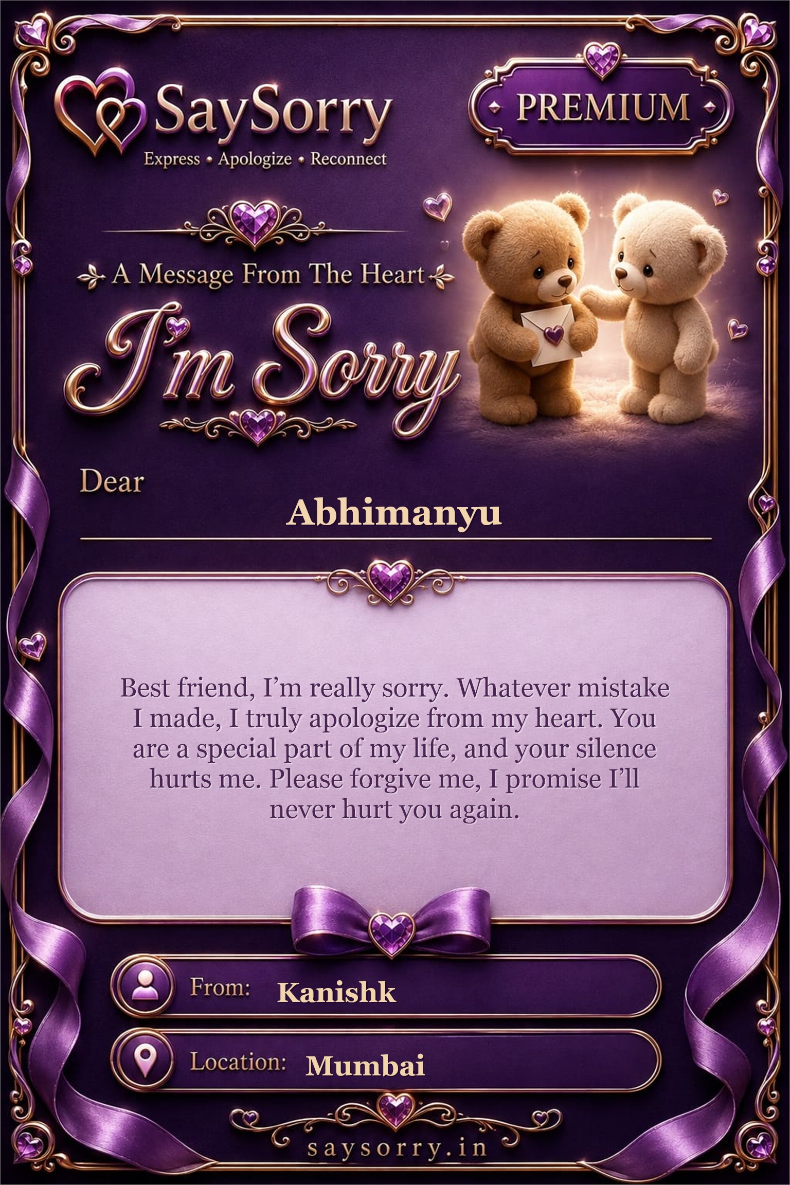 Premium personalised sorry card image for Abhimanyu with a heartfelt apology message