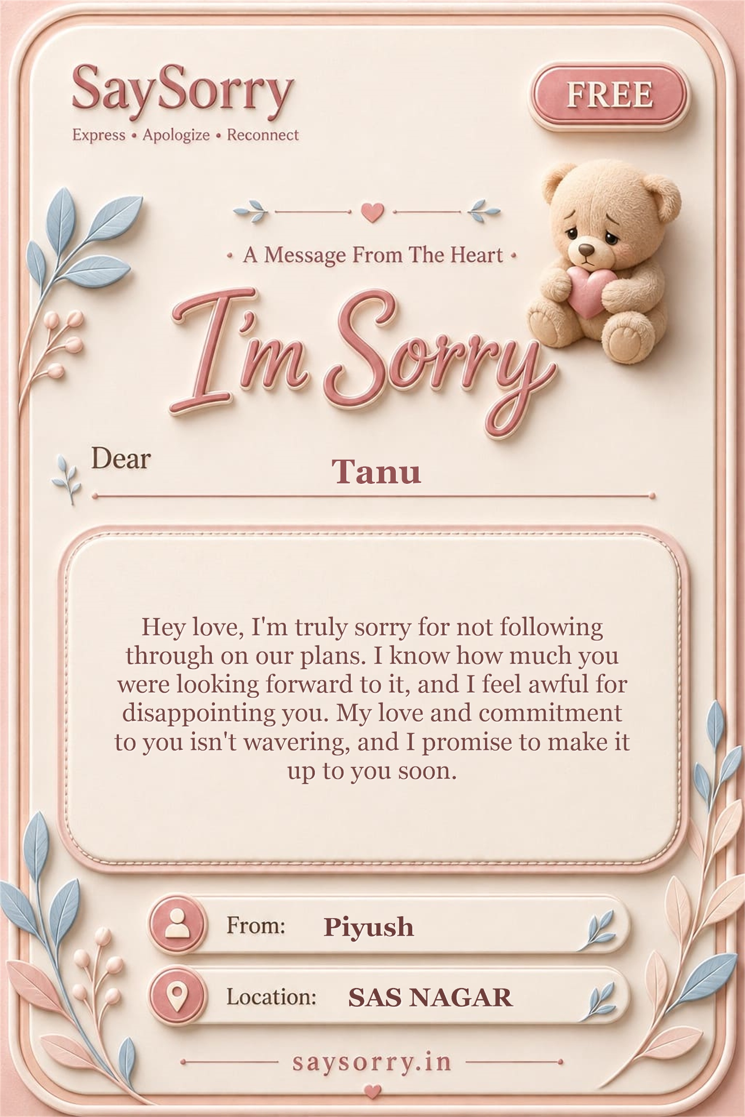 Free personalised sorry card image for Tanu with a heartfelt apology message