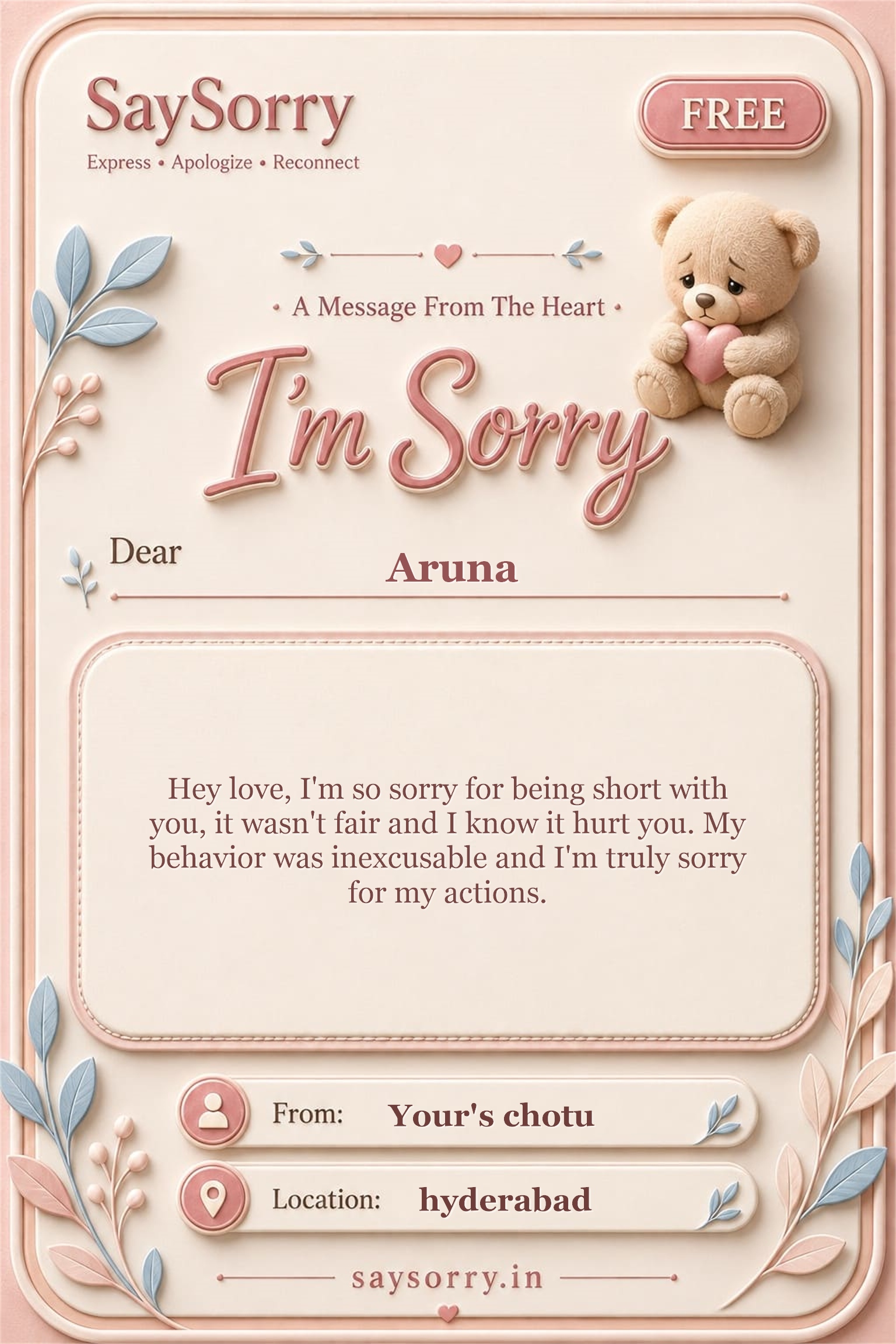Free personalised sorry card image for Aruna with a heartfelt apology message