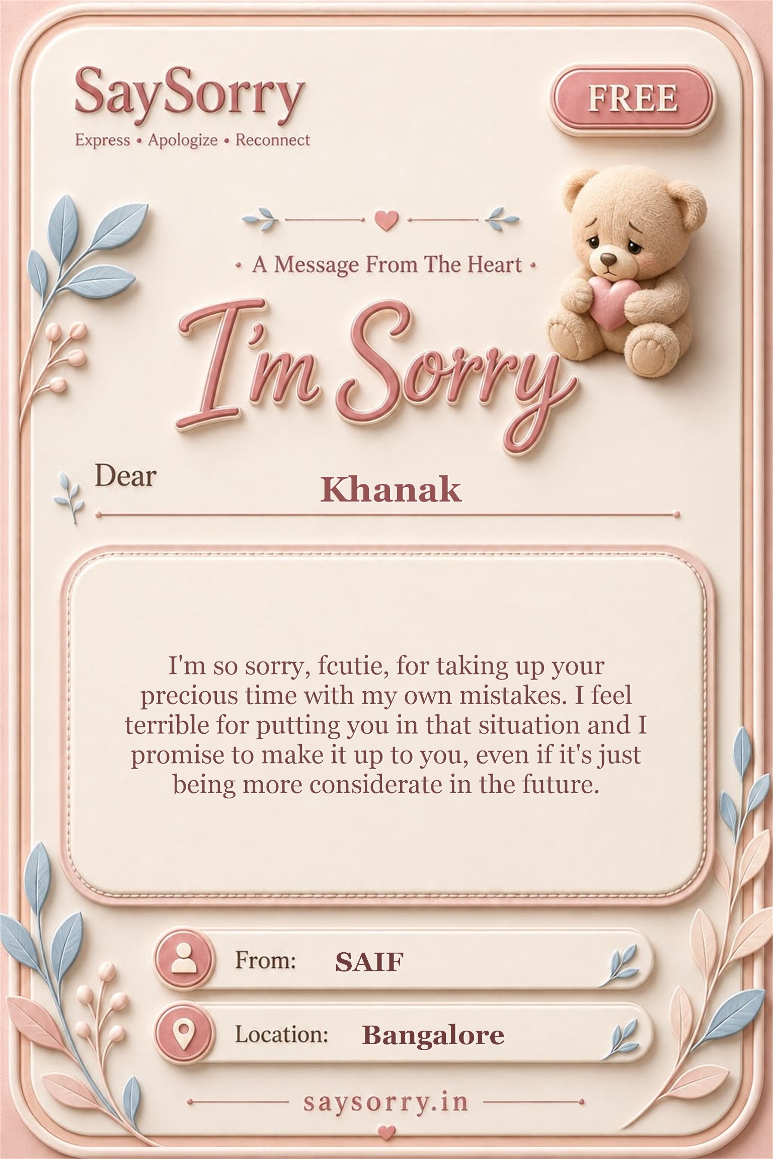 Free personalised sorry card image for Khanak with a heartfelt apology message