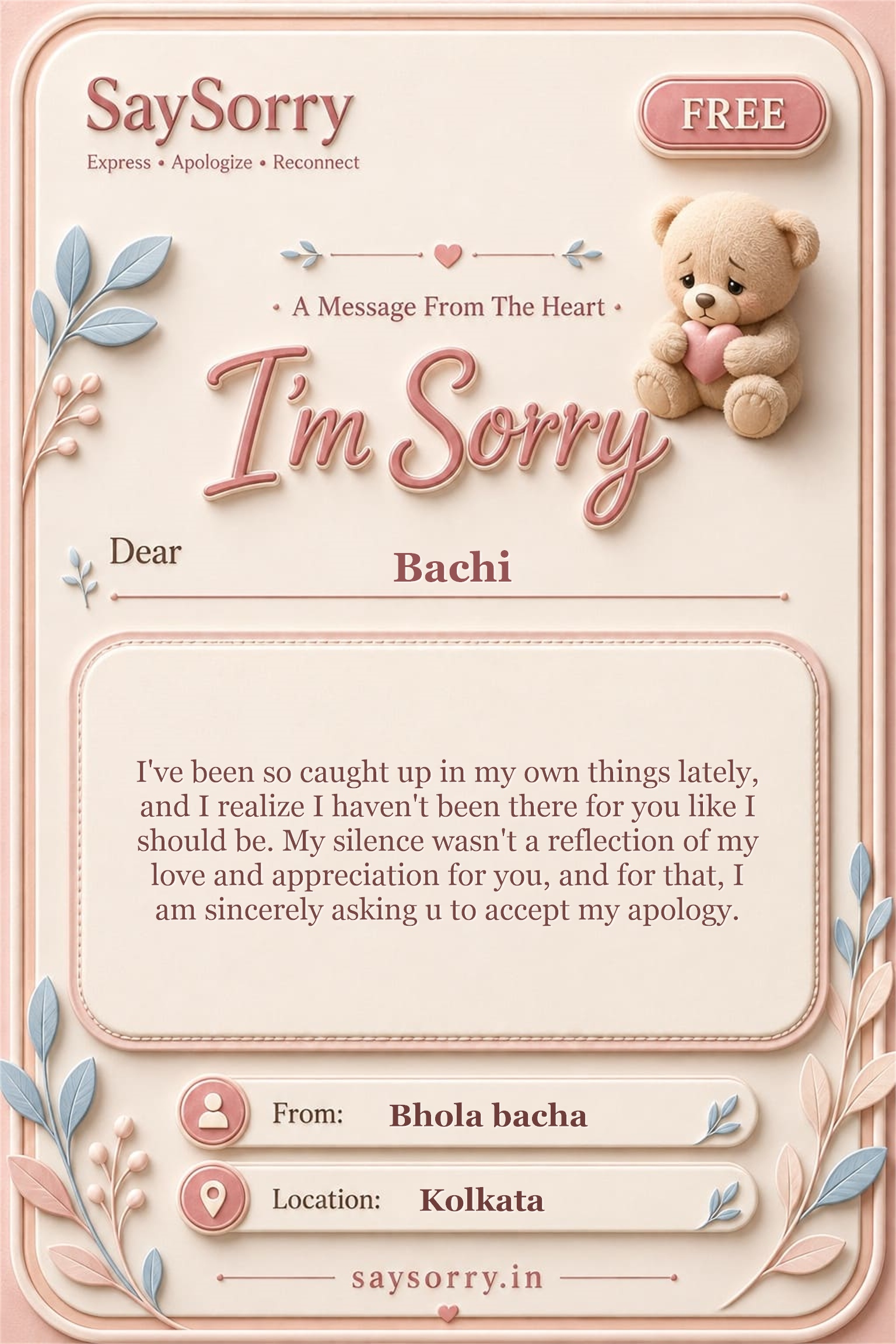 Free personalised sorry card image for Bachi with a heartfelt apology message