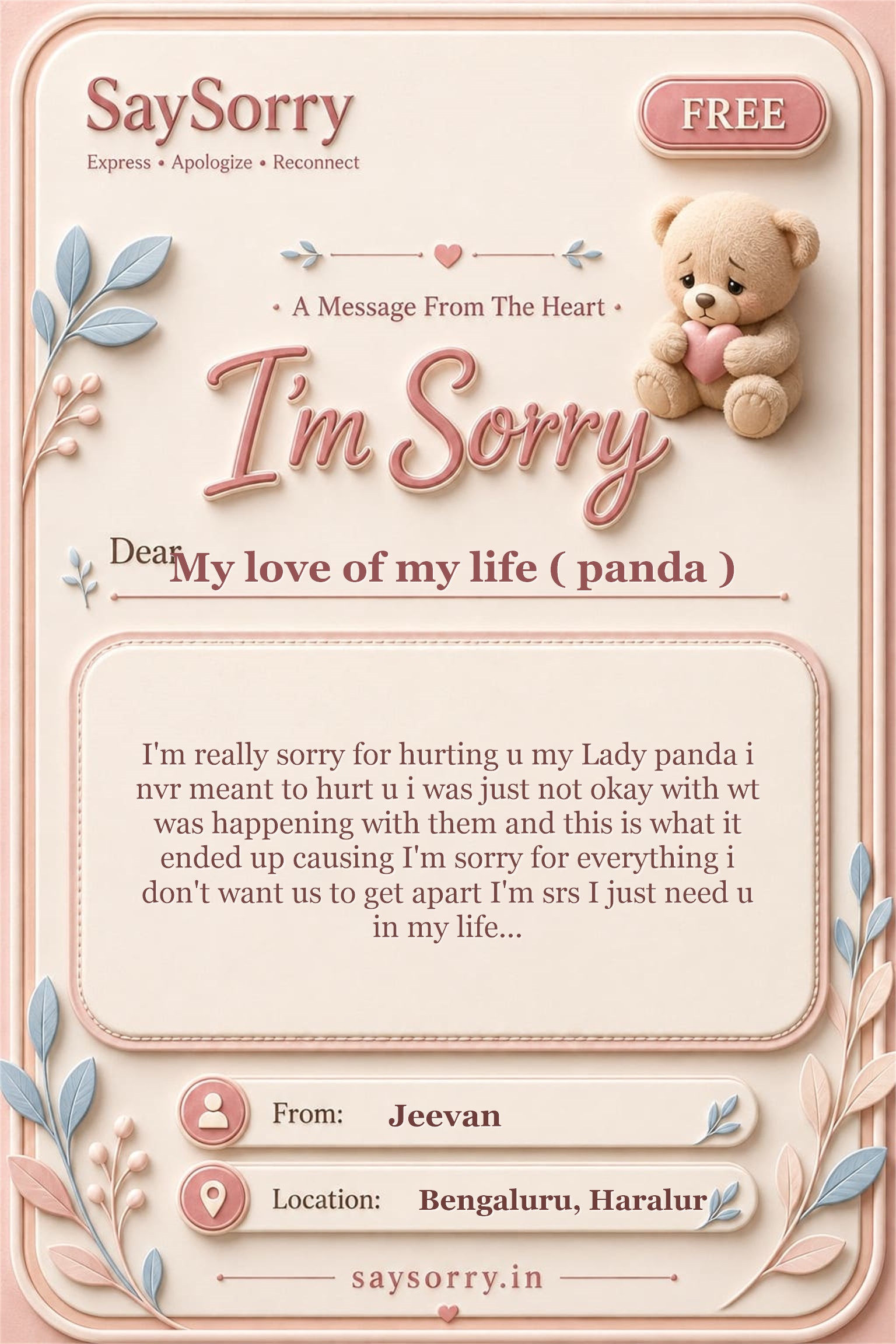 Free personalised sorry card image for My love of my life ( panda ) with a heartfelt apology message