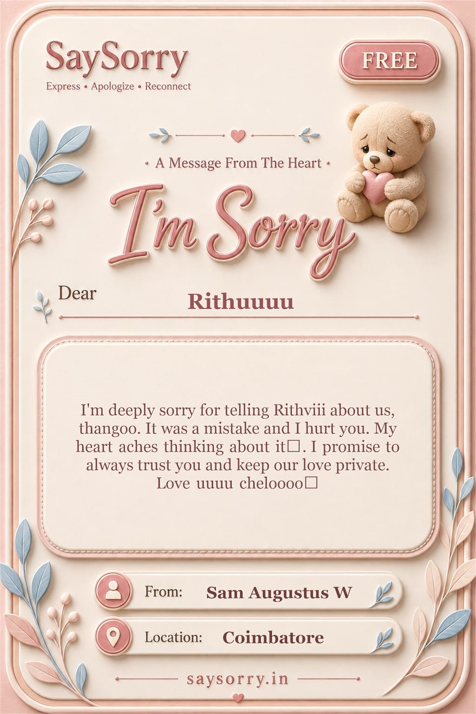 Free personalised sorry card image for Rithuuuu with a heartfelt apology message