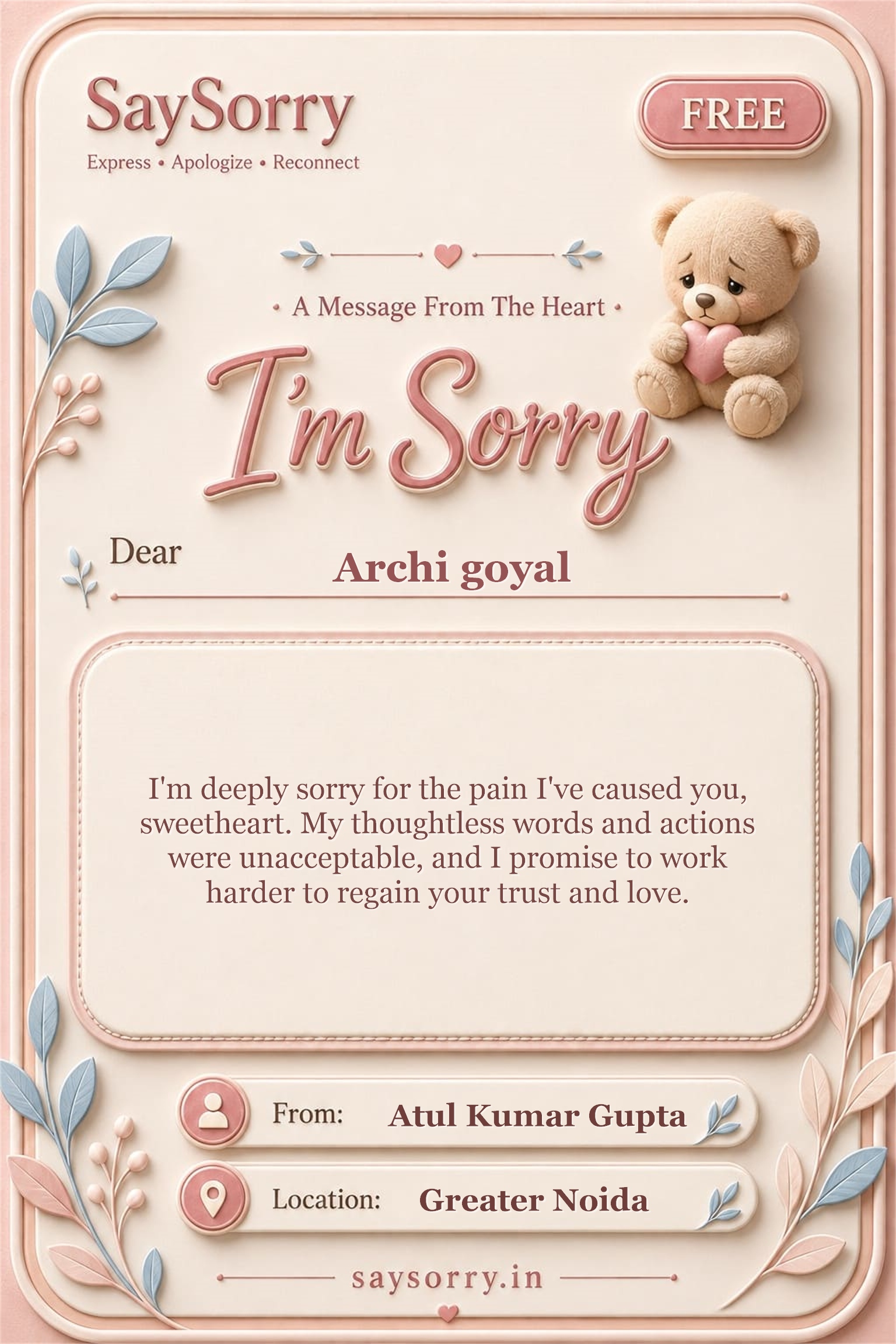 Free personalised sorry card image for Archi goyal with a heartfelt apology message