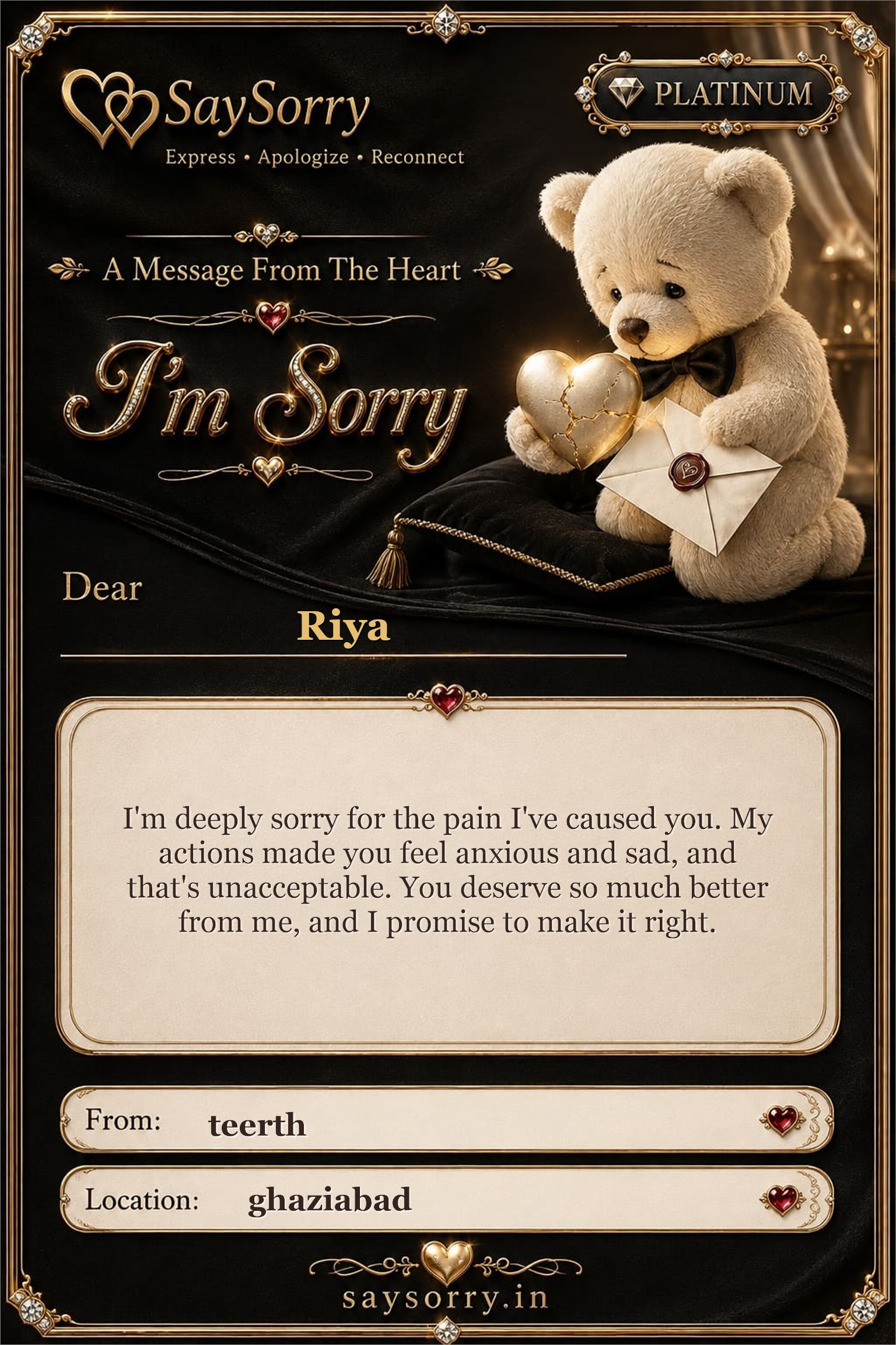 Platinum personalised sorry card image for Riya with a heartfelt apology message