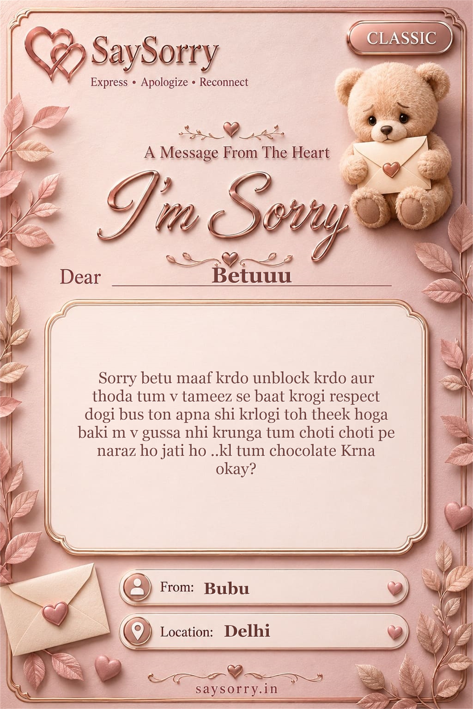 Classic personalised sorry card image for Betuuu with a heartfelt apology message
