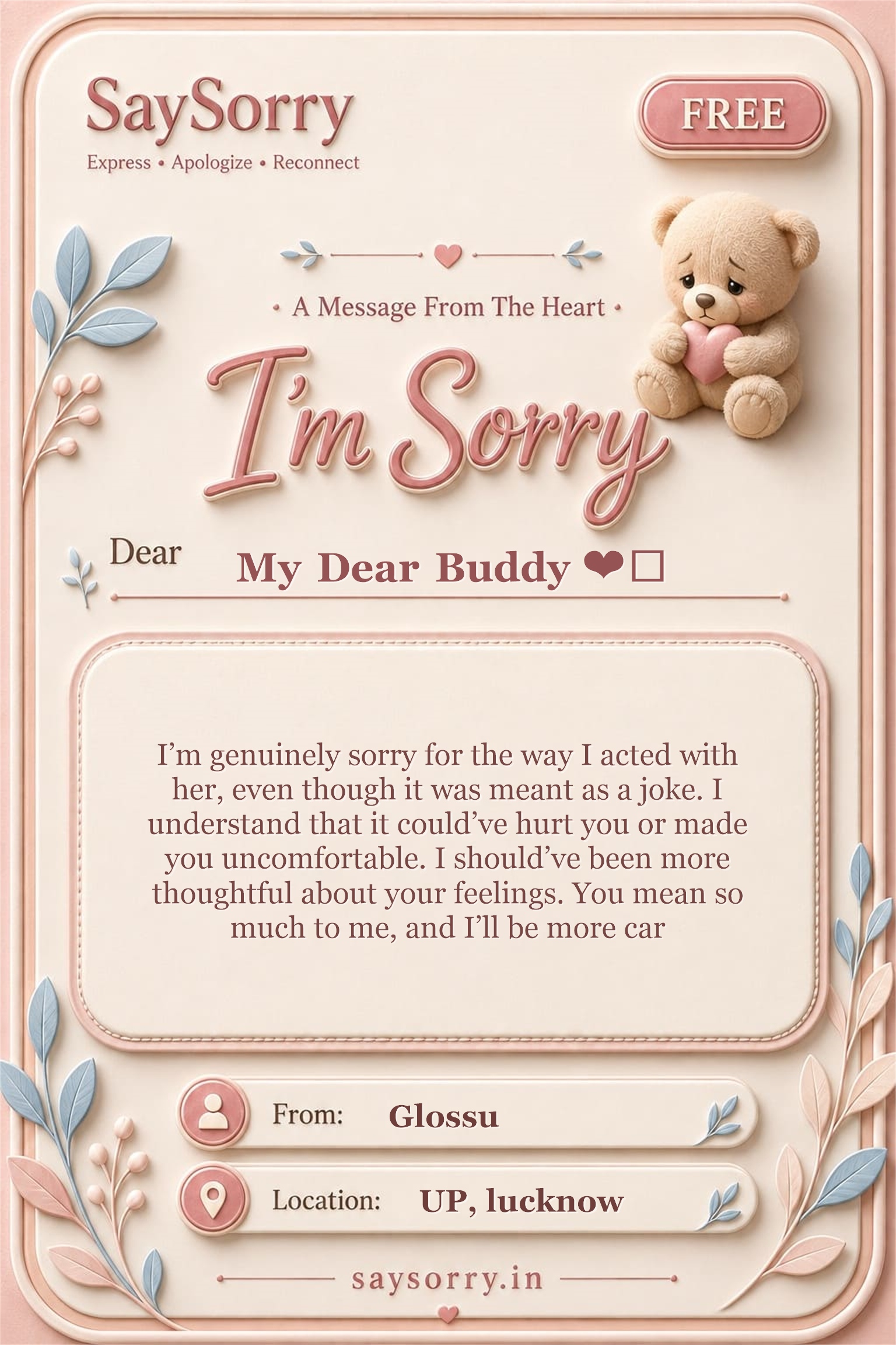 Free personalised sorry card image for My Dear Buddy ❤️ with a heartfelt apology message