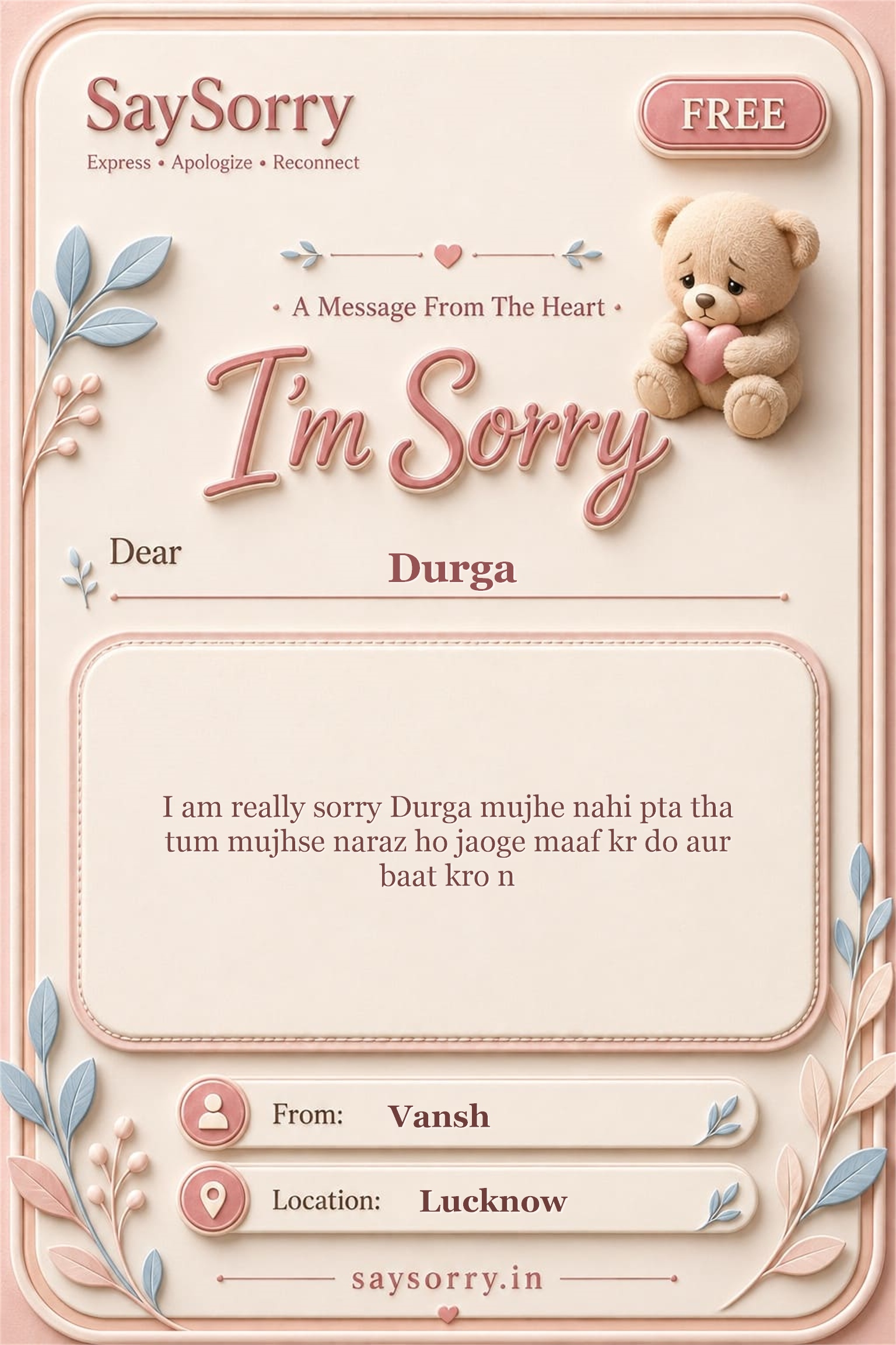 Free personalised sorry card image for Durga with a heartfelt apology message