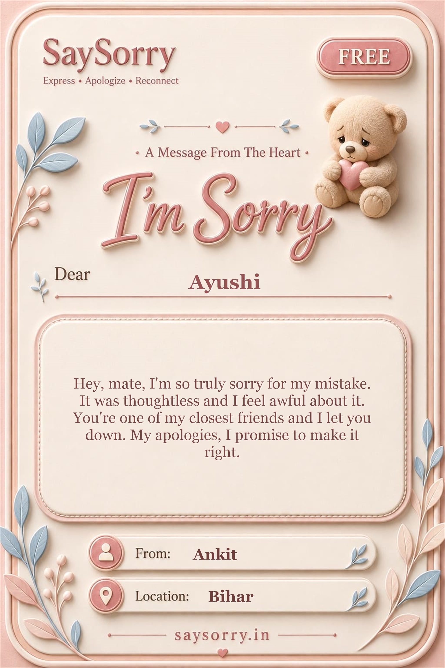 Free personalised sorry card image for Ayushi with a heartfelt apology message