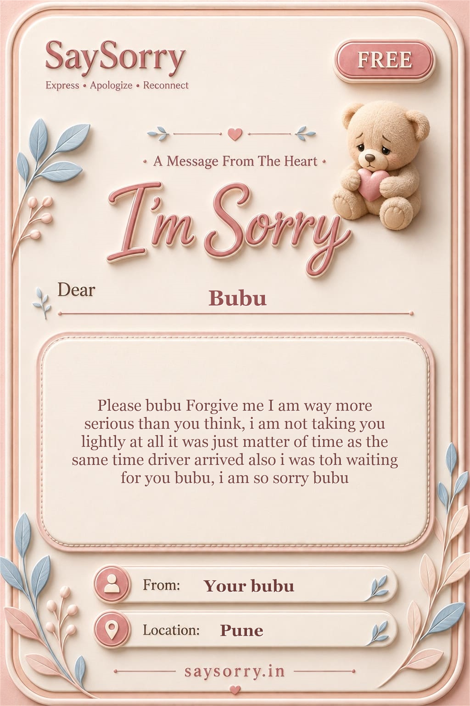Free personalised sorry card image for Bubu with a heartfelt apology message