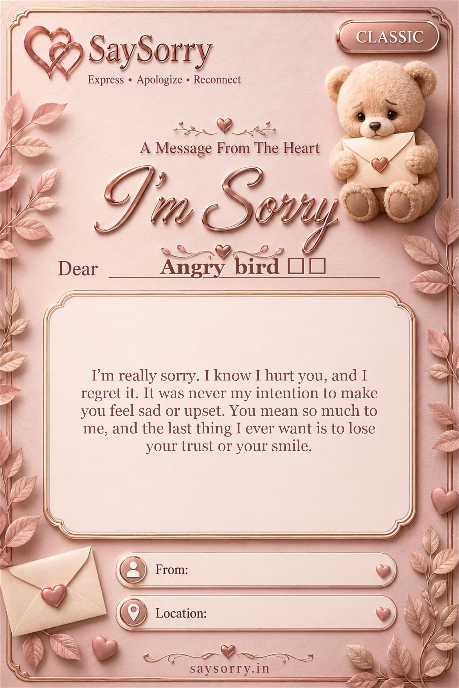 Classic personalised sorry card image for Angry bird 🕊️ with a heartfelt apology message