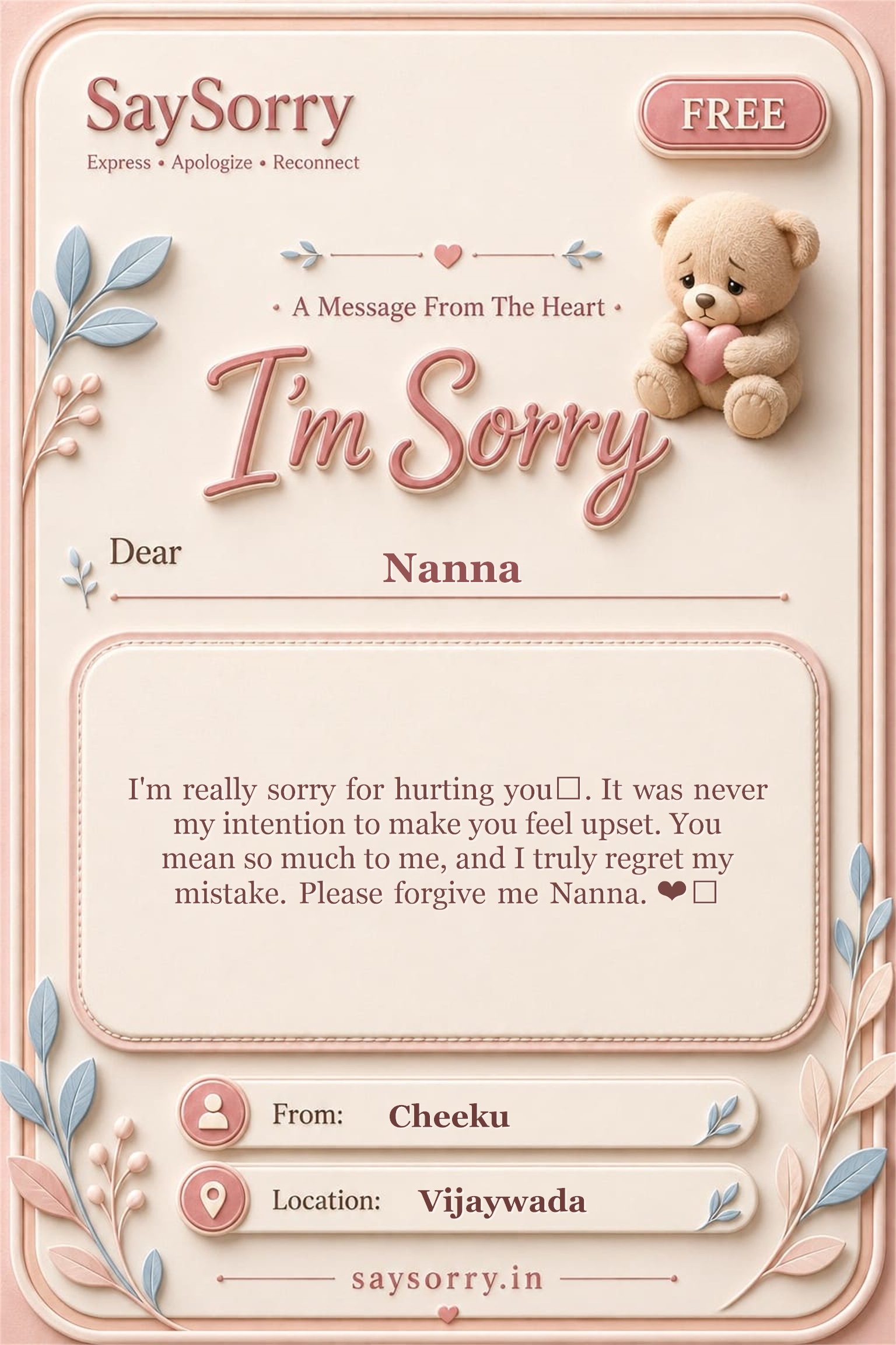 Free personalised sorry card image for Nanna with a heartfelt apology message