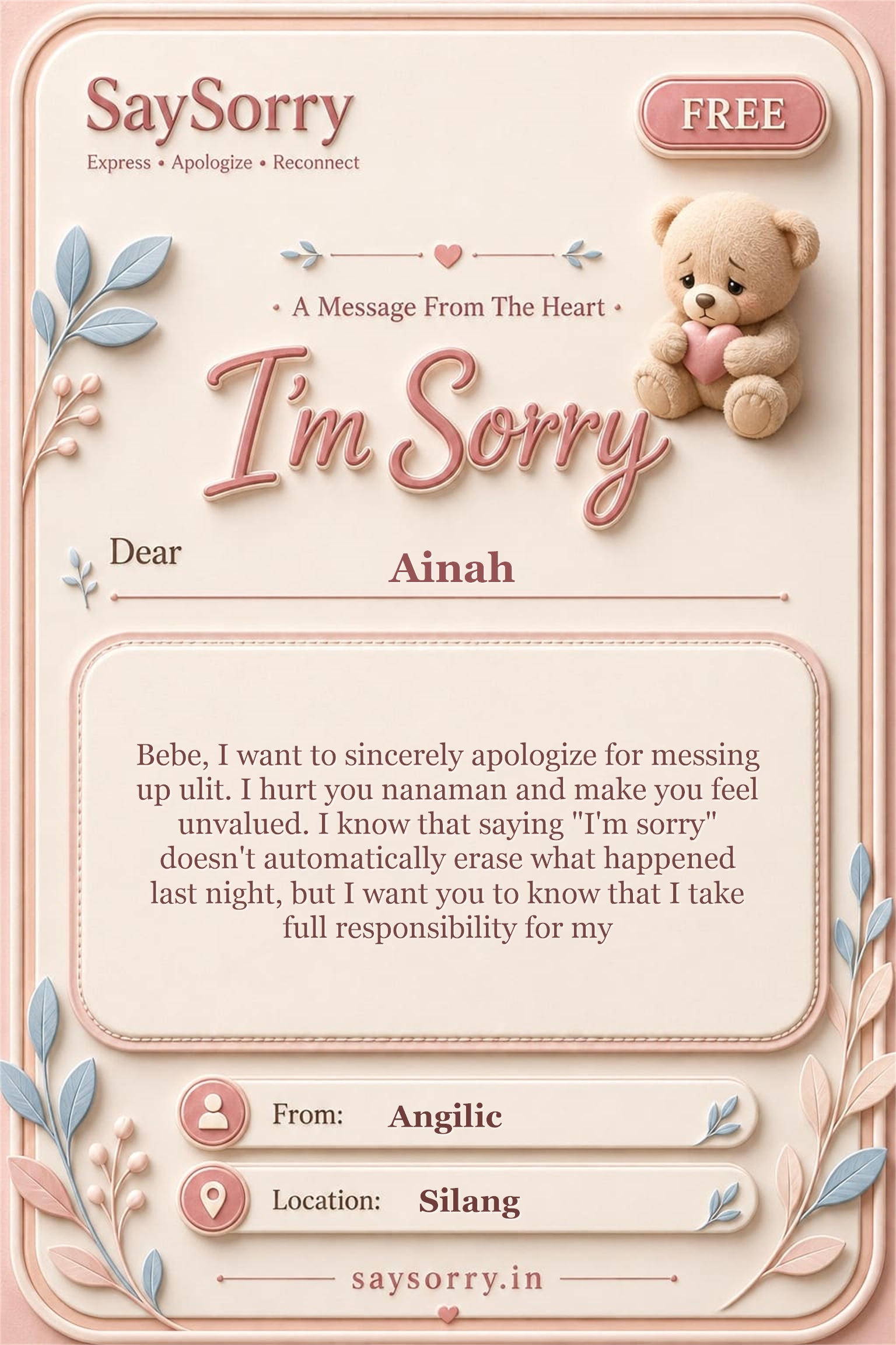 Free personalised sorry card image for Ainah with a heartfelt apology message