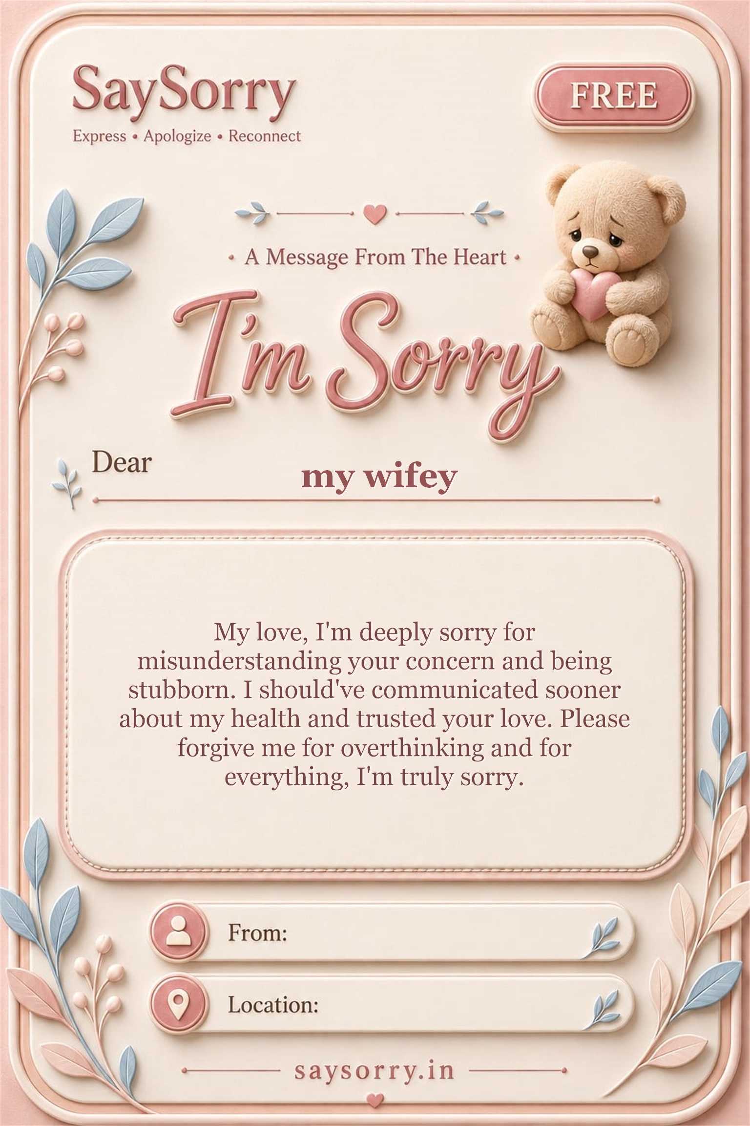 Free personalised sorry card image for my wifey with a heartfelt apology message