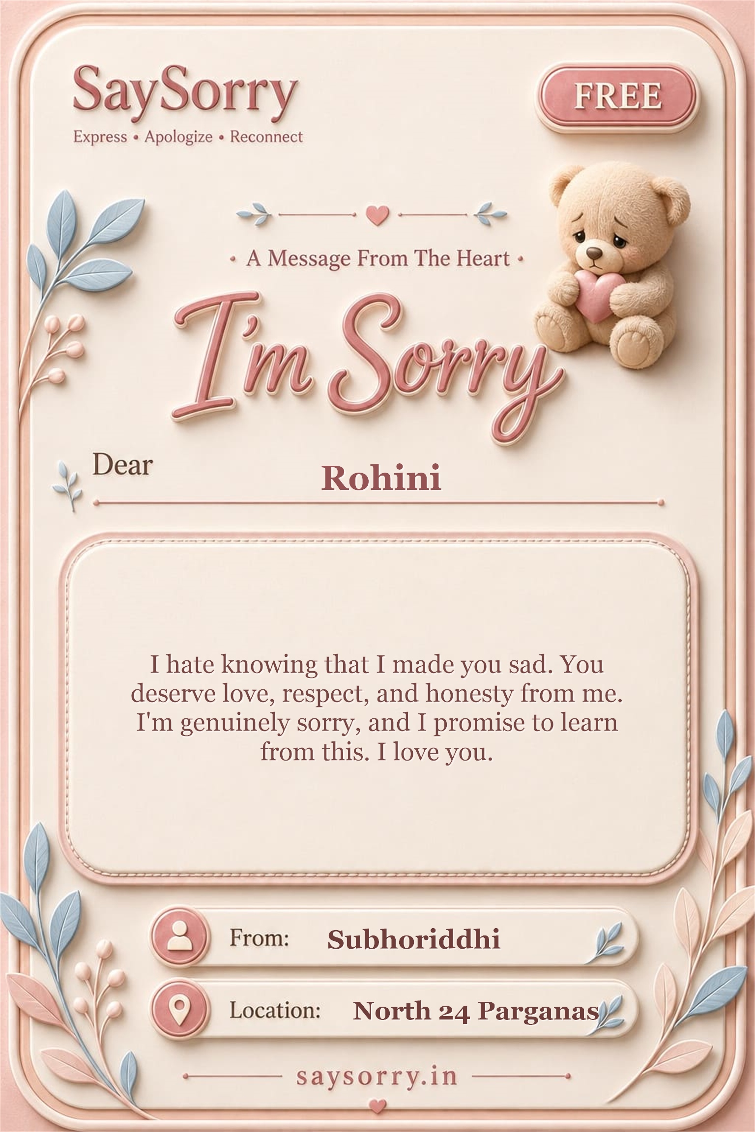 Free personalised sorry card image for Rohini with a heartfelt apology message