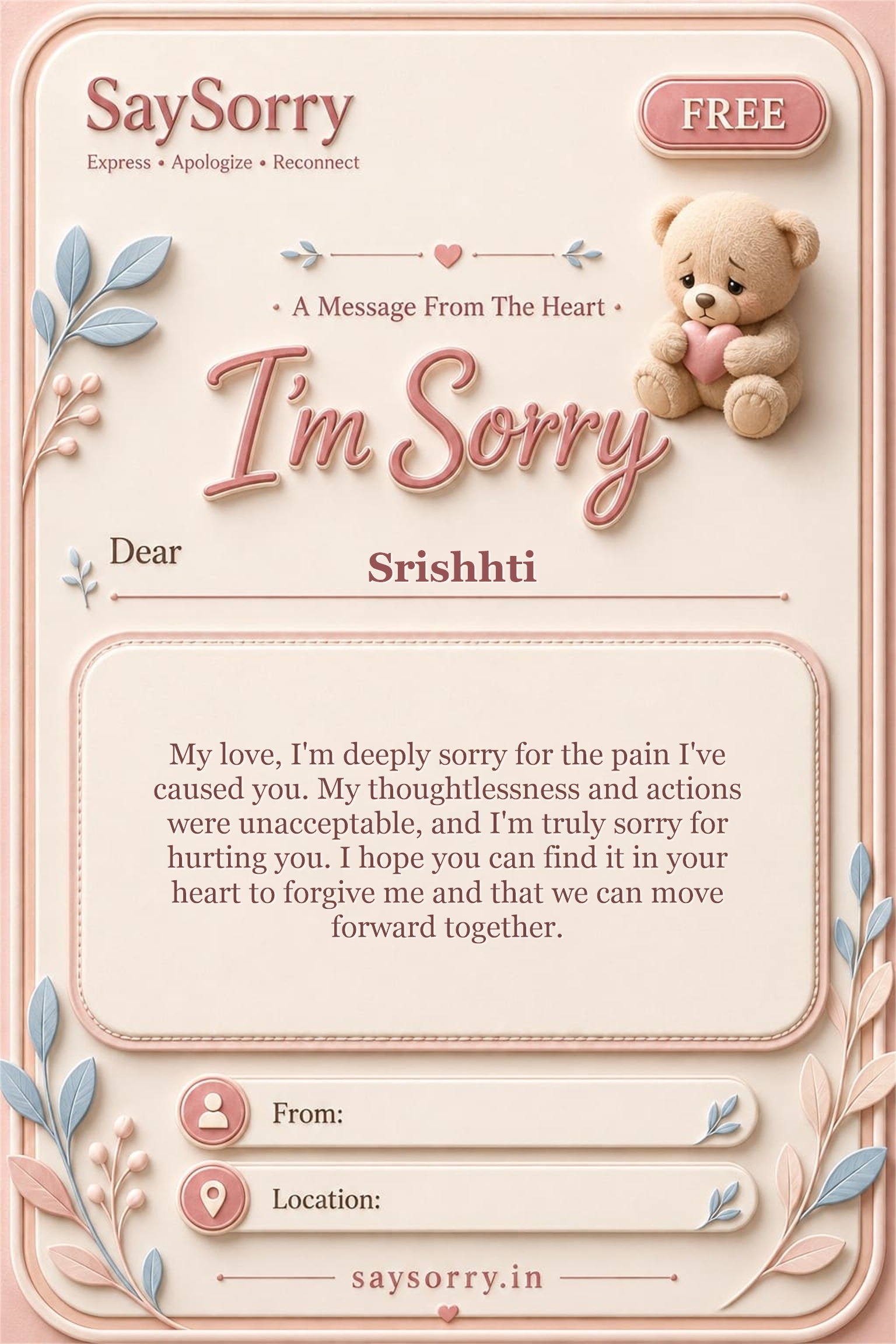 Free personalised sorry card image for Srishhti with a heartfelt apology message