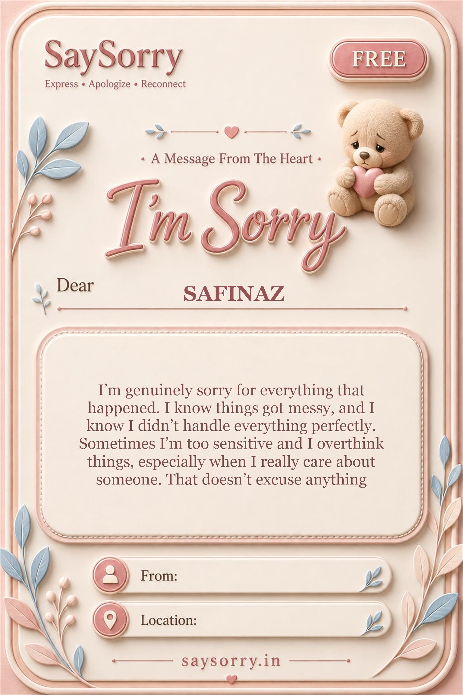 Free personalised sorry card image for SAFINAZ with a heartfelt apology message