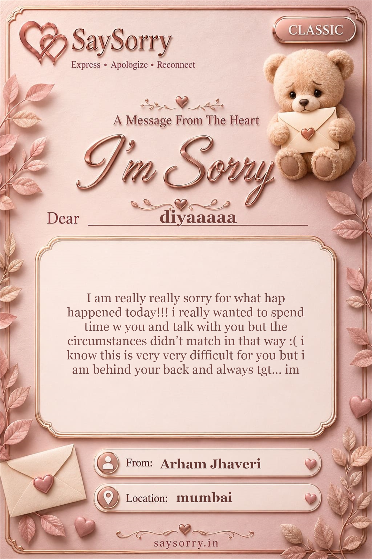 Classic personalised sorry card image for diyaaaaa with a heartfelt apology message