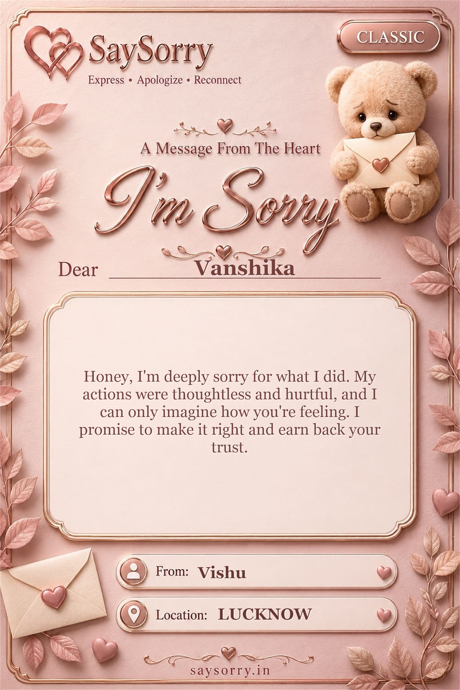 Classic personalised sorry card image for Vanshika with a heartfelt apology message