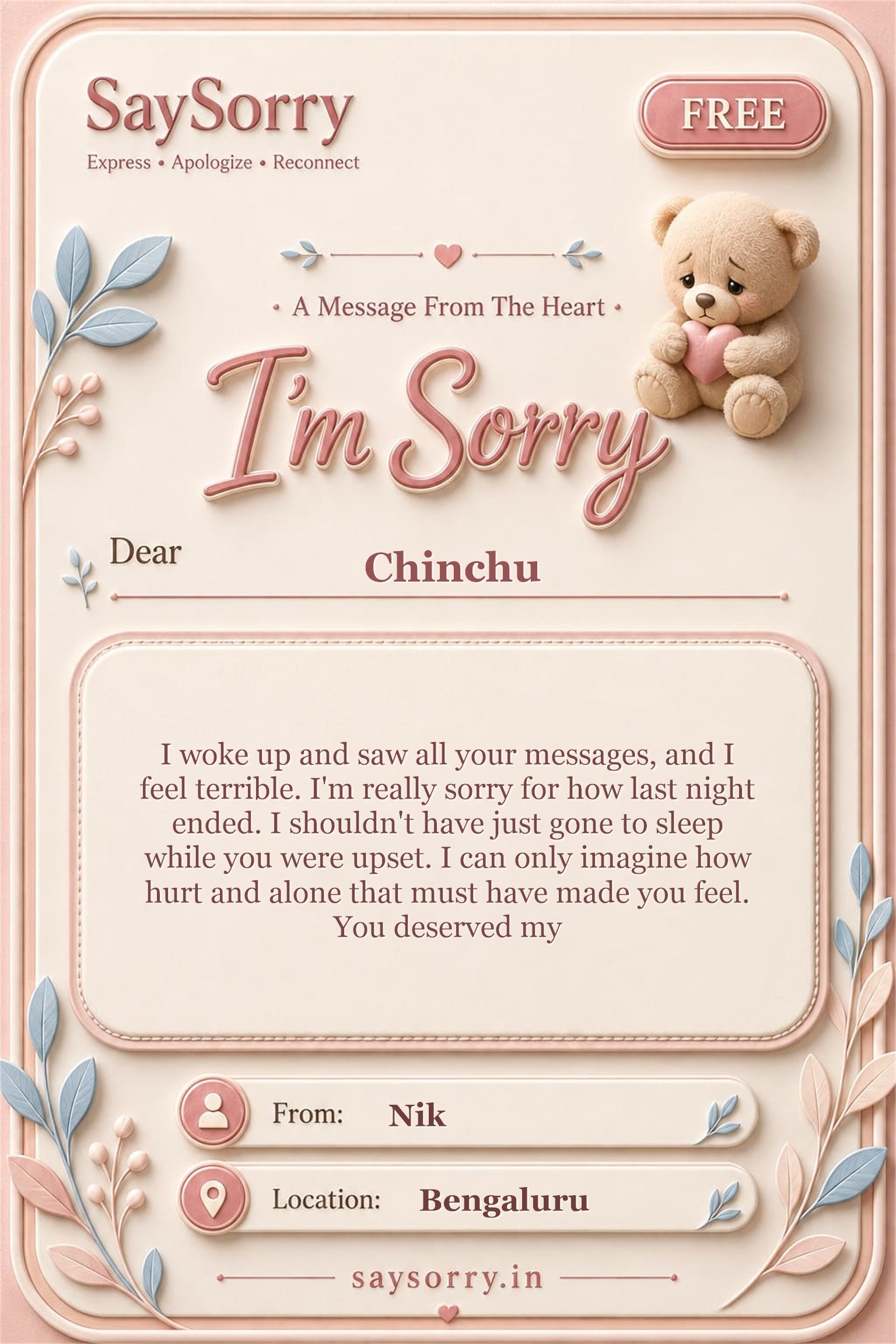 Free personalised sorry card image for Chinchu with a heartfelt apology message
