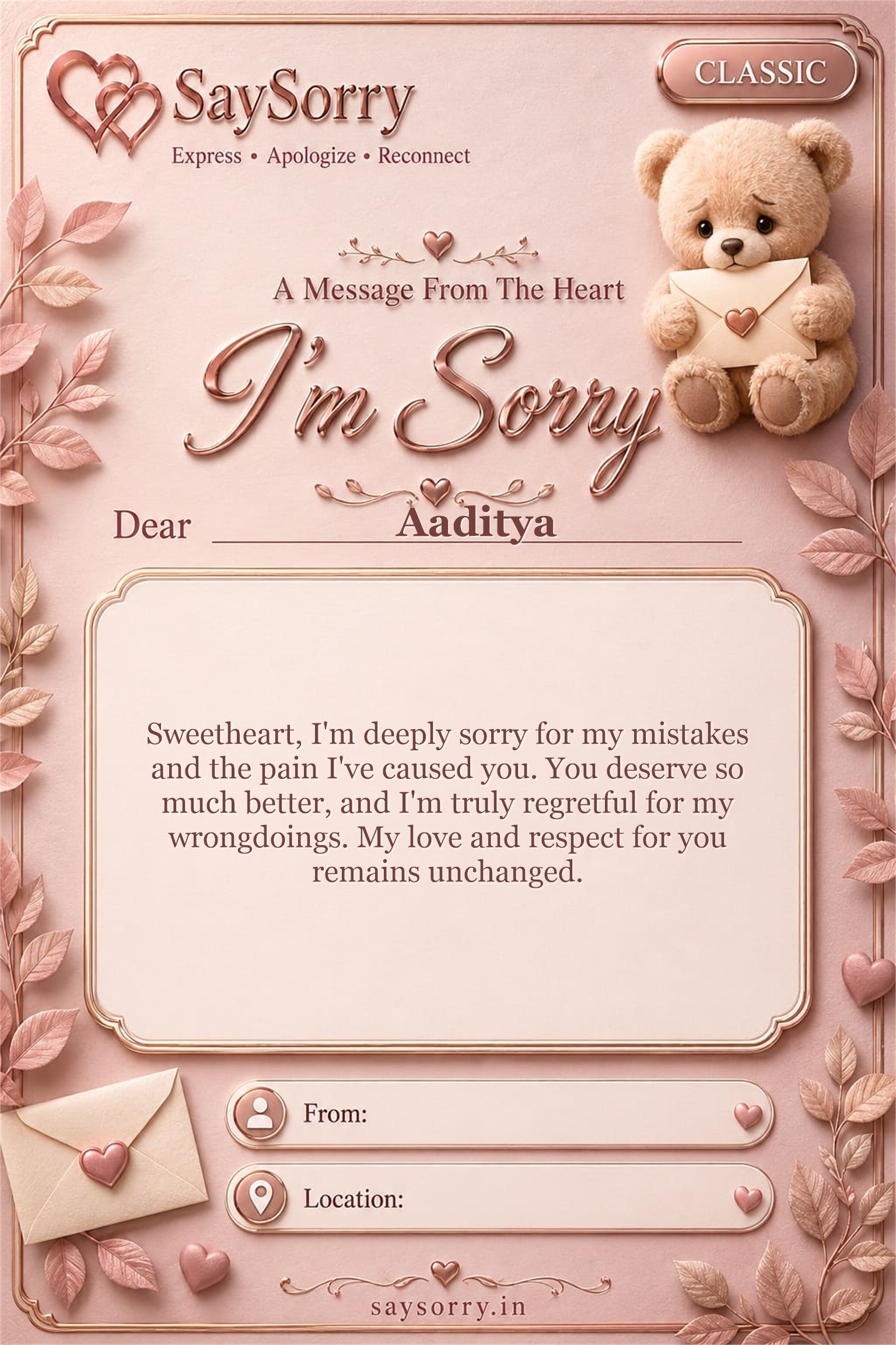 Classic personalised sorry card image for Aaditya with a heartfelt apology message
