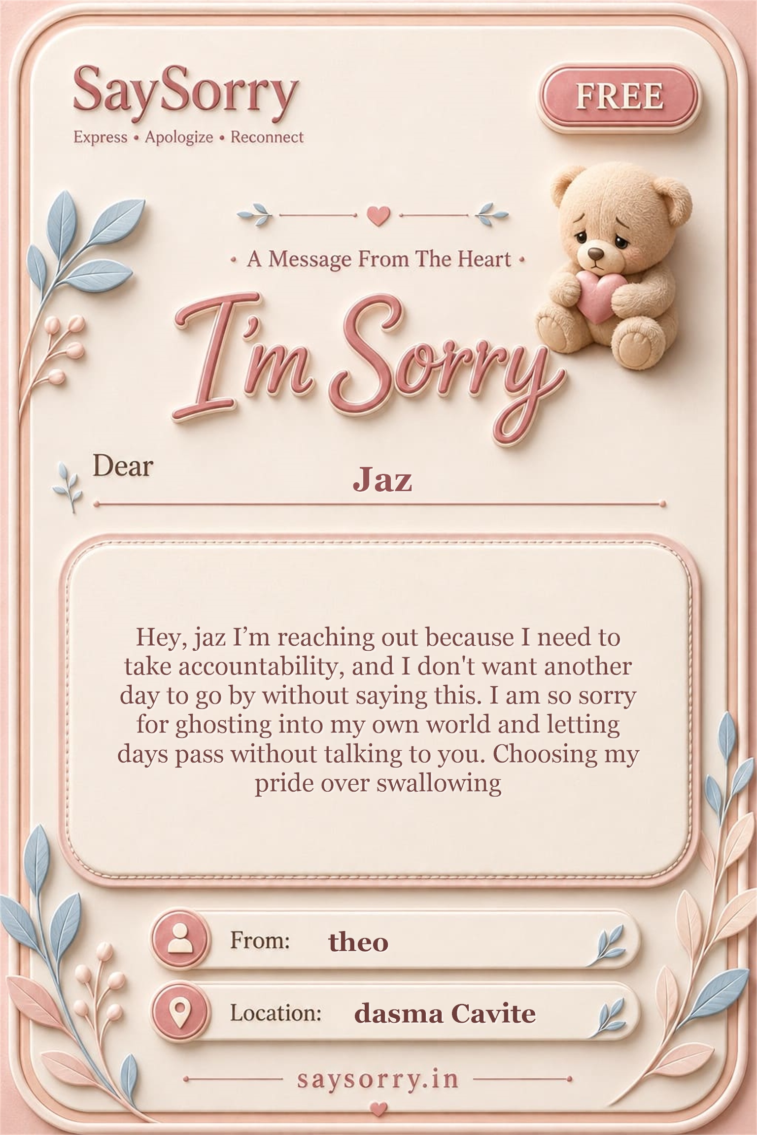 Free personalised sorry card image for Jaz with a heartfelt apology message
