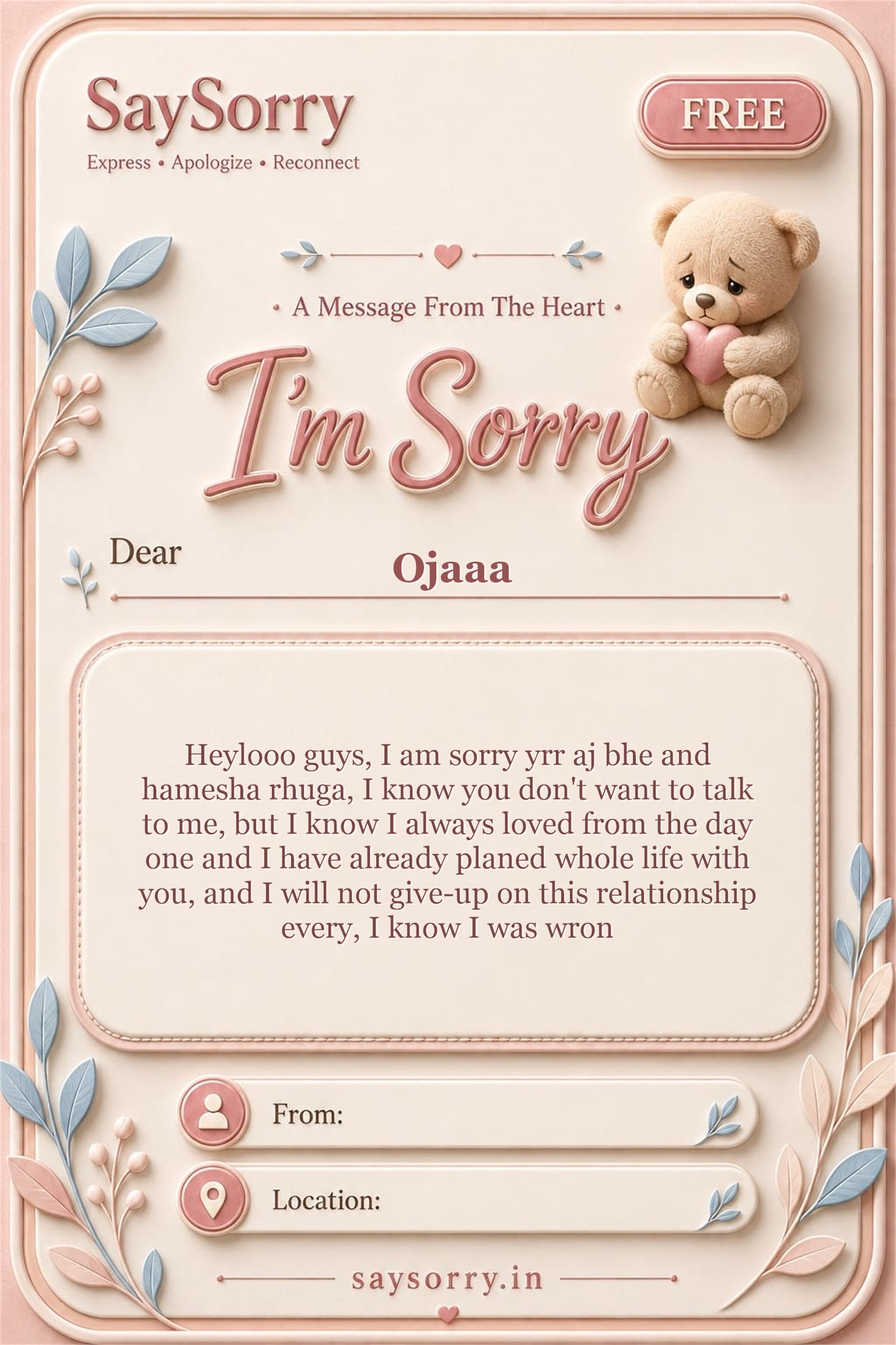 Free personalised sorry card image for Ojaaa with a heartfelt apology message