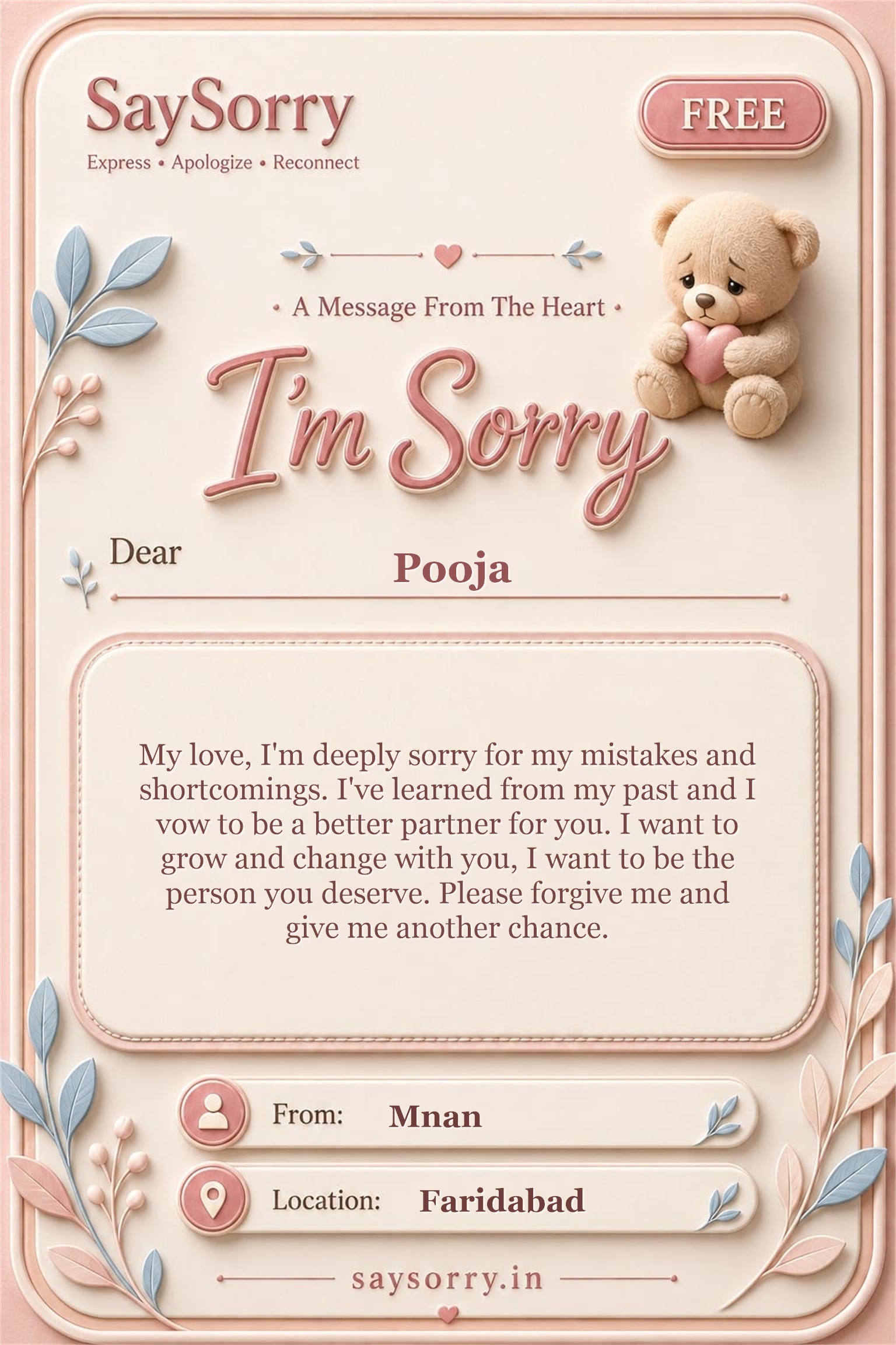 Free personalised sorry card image for Pooja with a heartfelt apology message