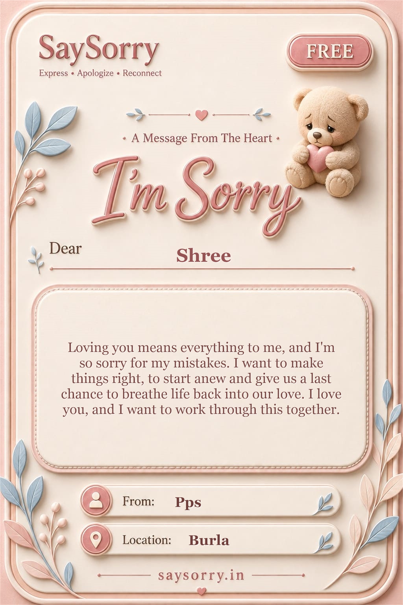 Free personalised sorry card image for Shree with a heartfelt apology message