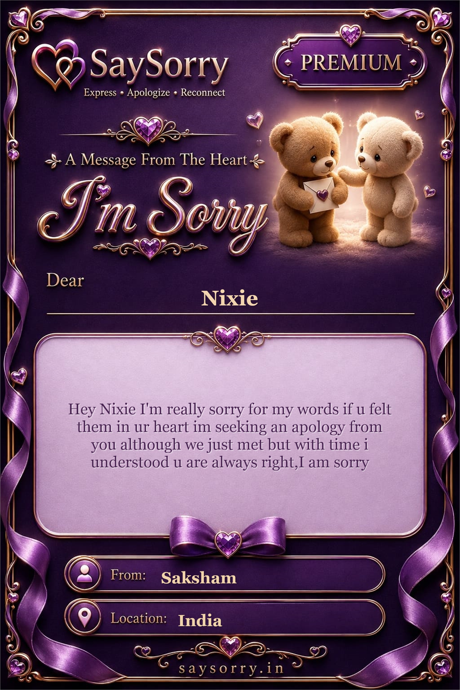 Premium personalised sorry card image for Nixie with a heartfelt apology message