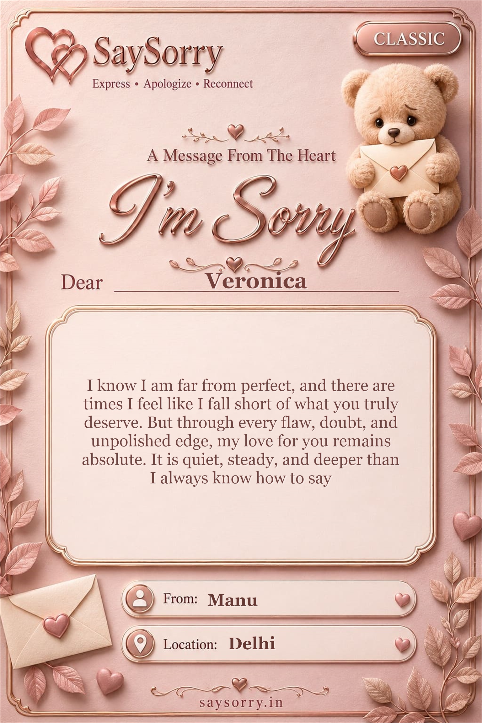 Classic personalised sorry card image for Veronica with a heartfelt apology message