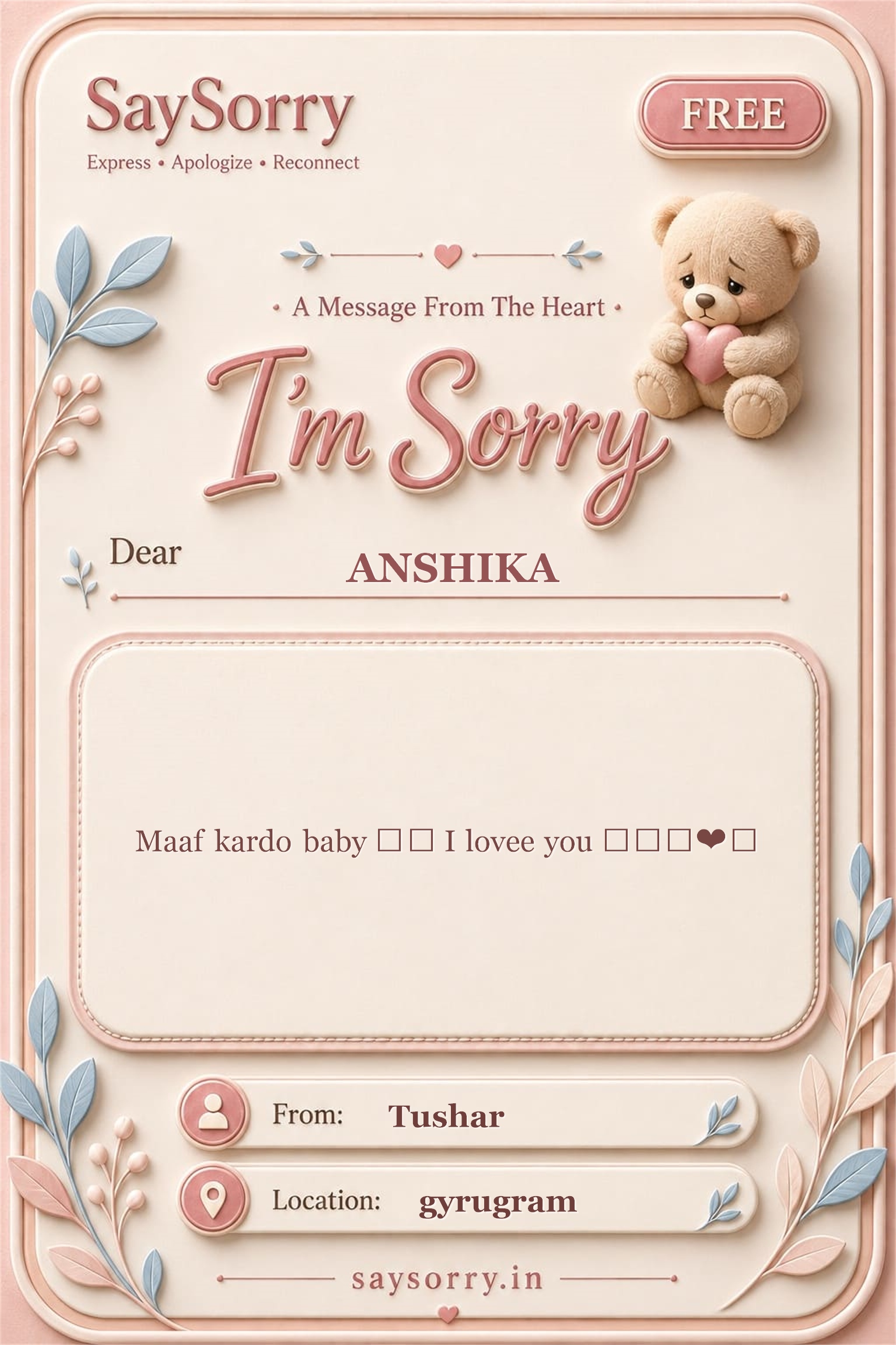 Free personalised sorry card image for ANSHIKA with a heartfelt apology message