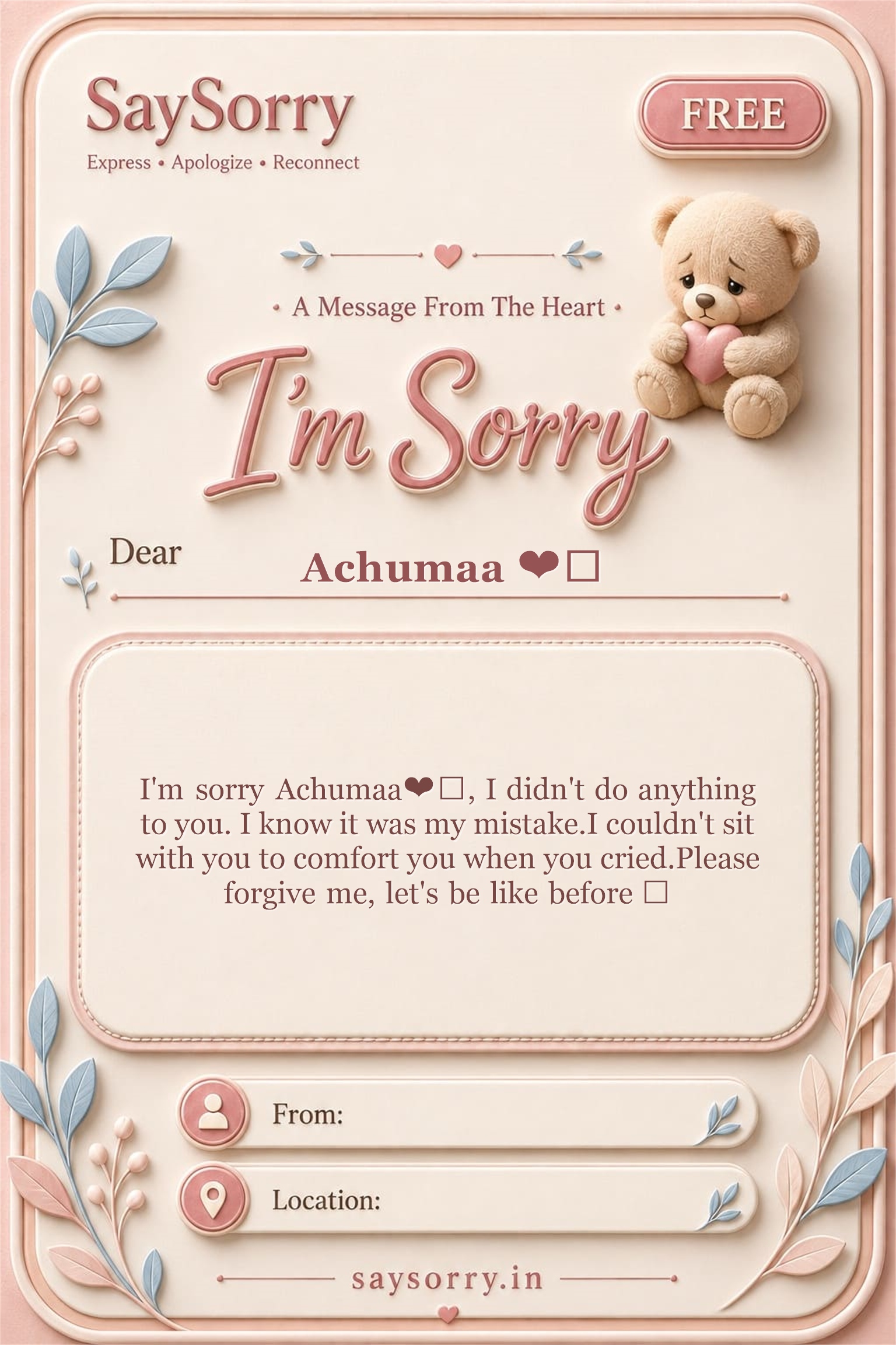 Free personalised sorry card image for Achumaa ❤️ with a heartfelt apology message