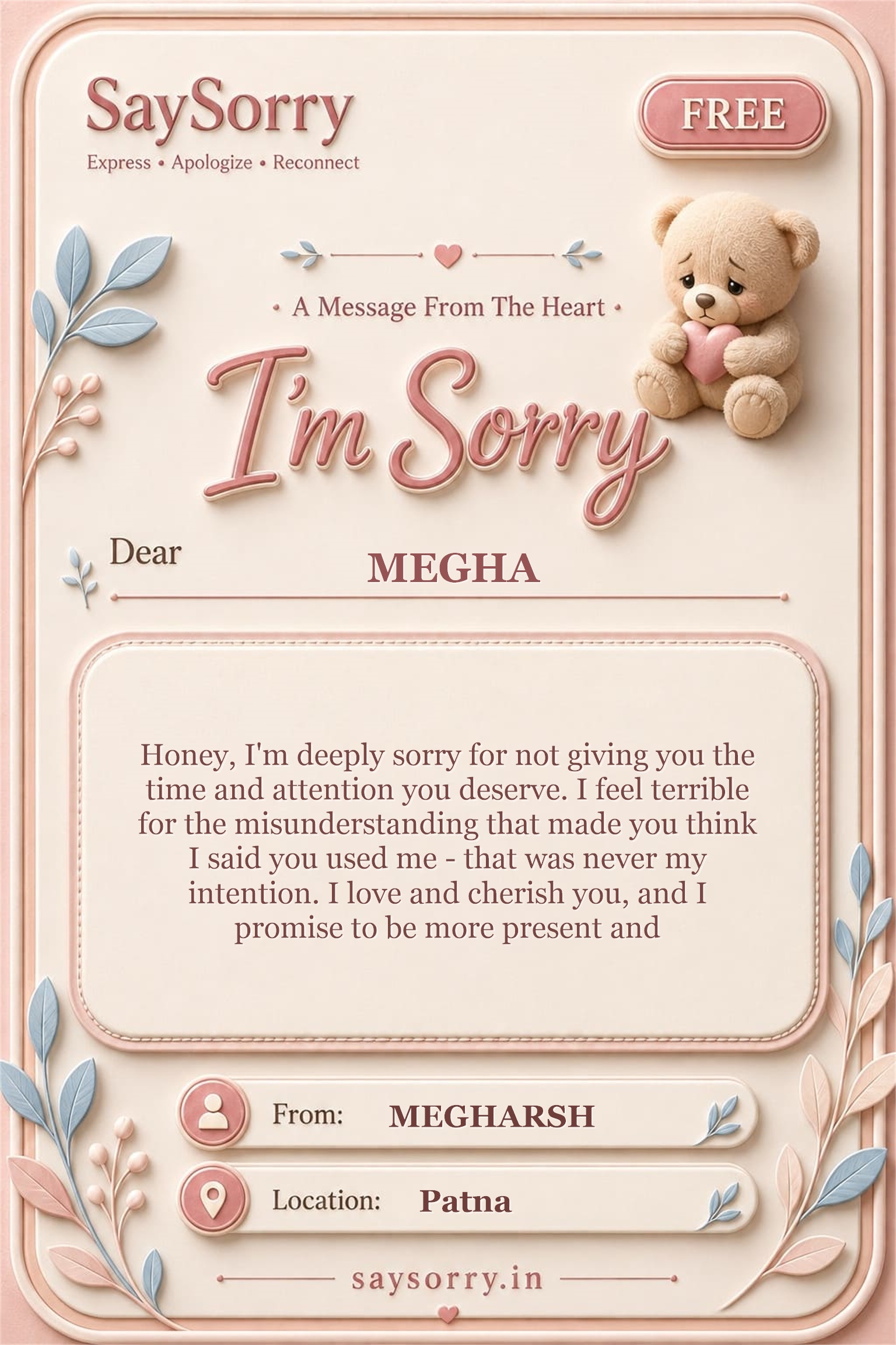 Free personalised sorry card image for MEGHA with a heartfelt apology message