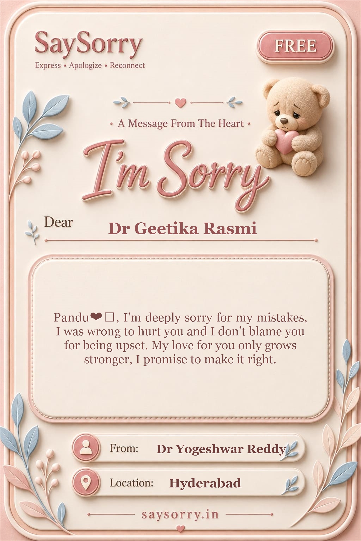 Free personalised sorry card image for Dr Geetika Rasmi with a heartfelt apology message
