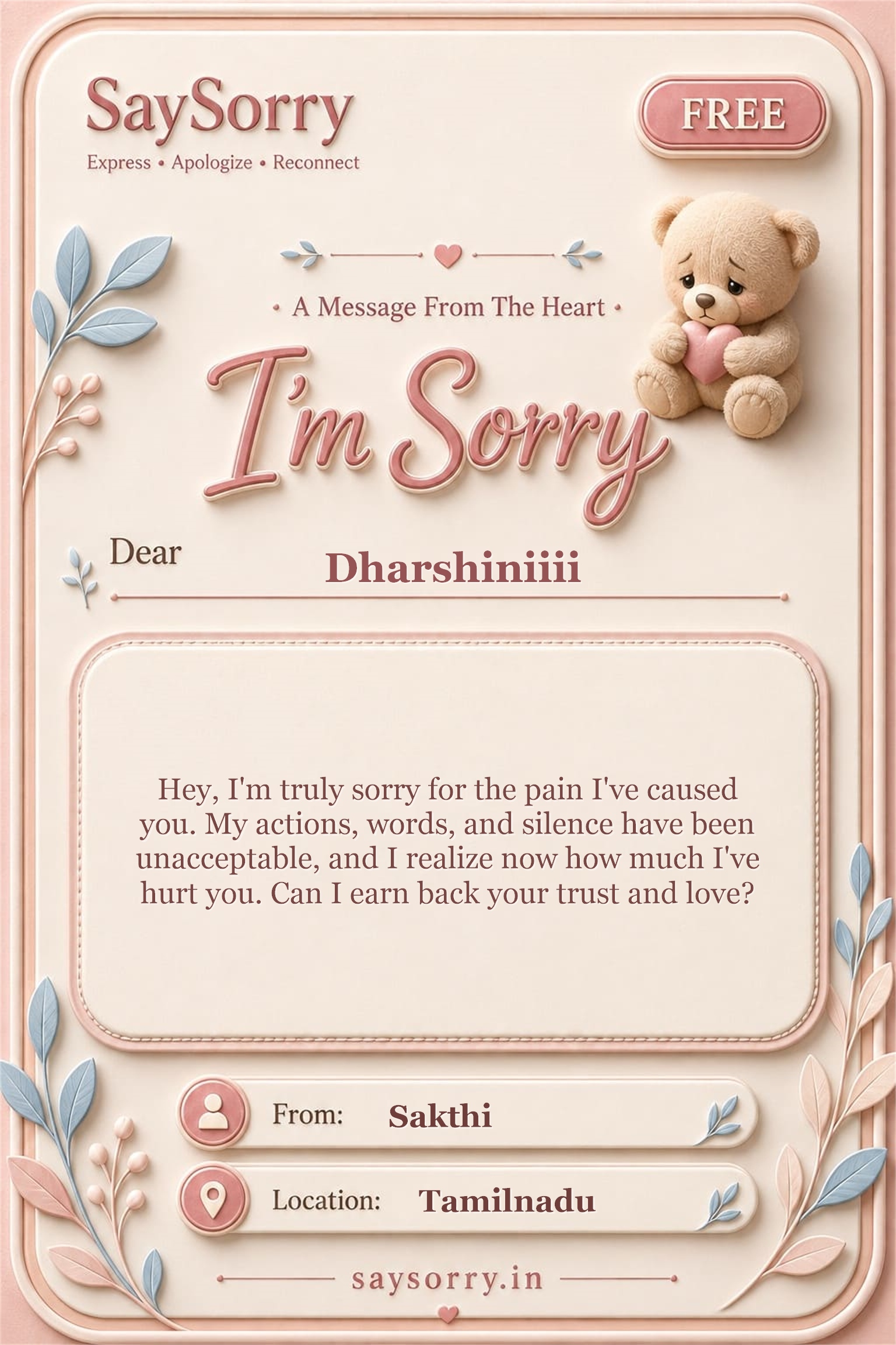 Free personalised sorry card image for Dharshiniiii with a heartfelt apology message