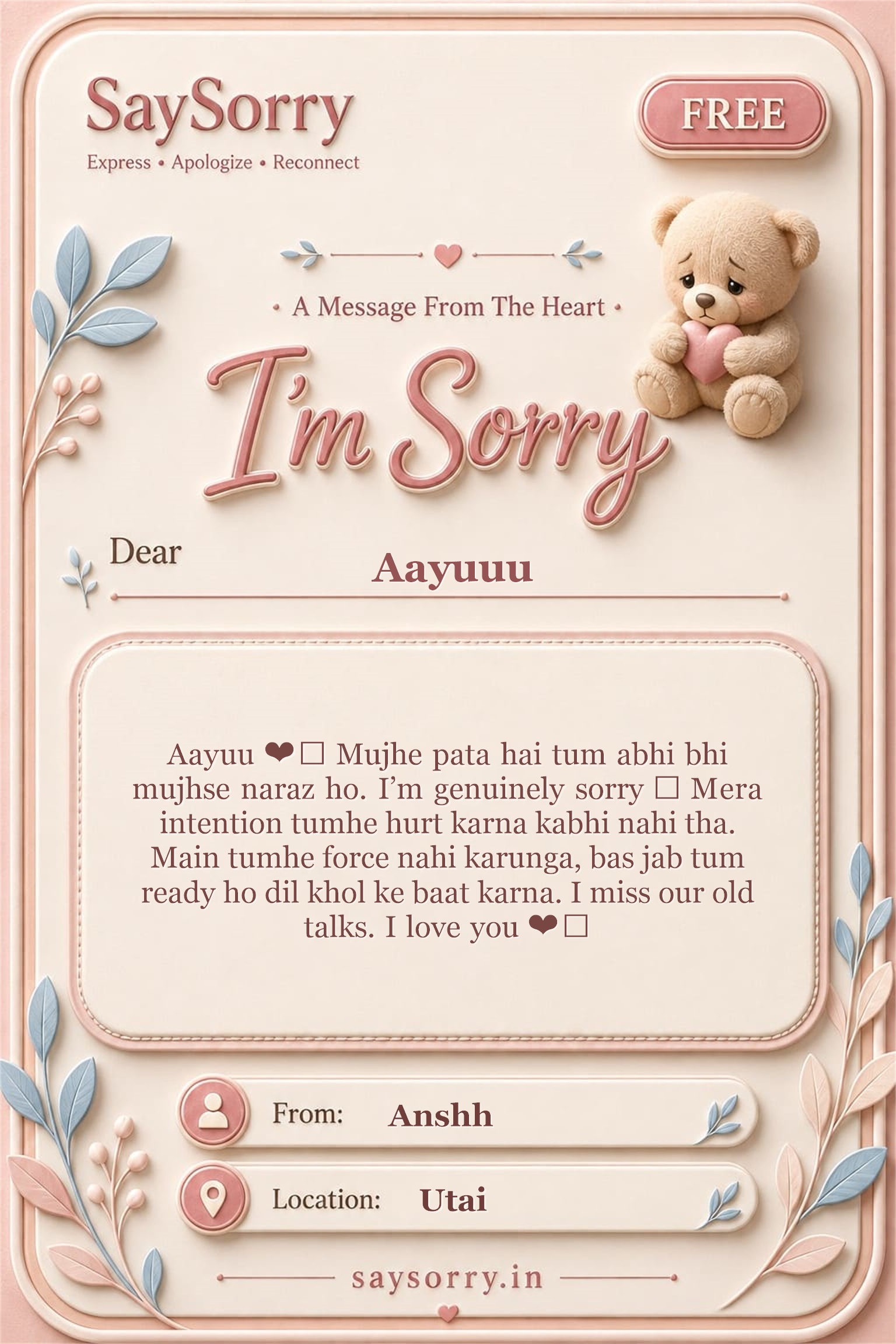 Free personalised sorry card image for Aayuuu with a heartfelt apology message