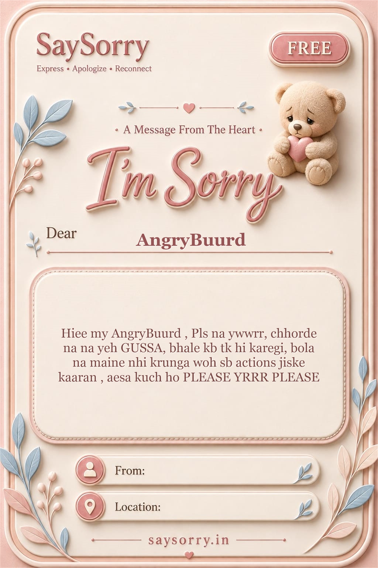 Free personalised sorry card image for AngryBuurd with a heartfelt apology message