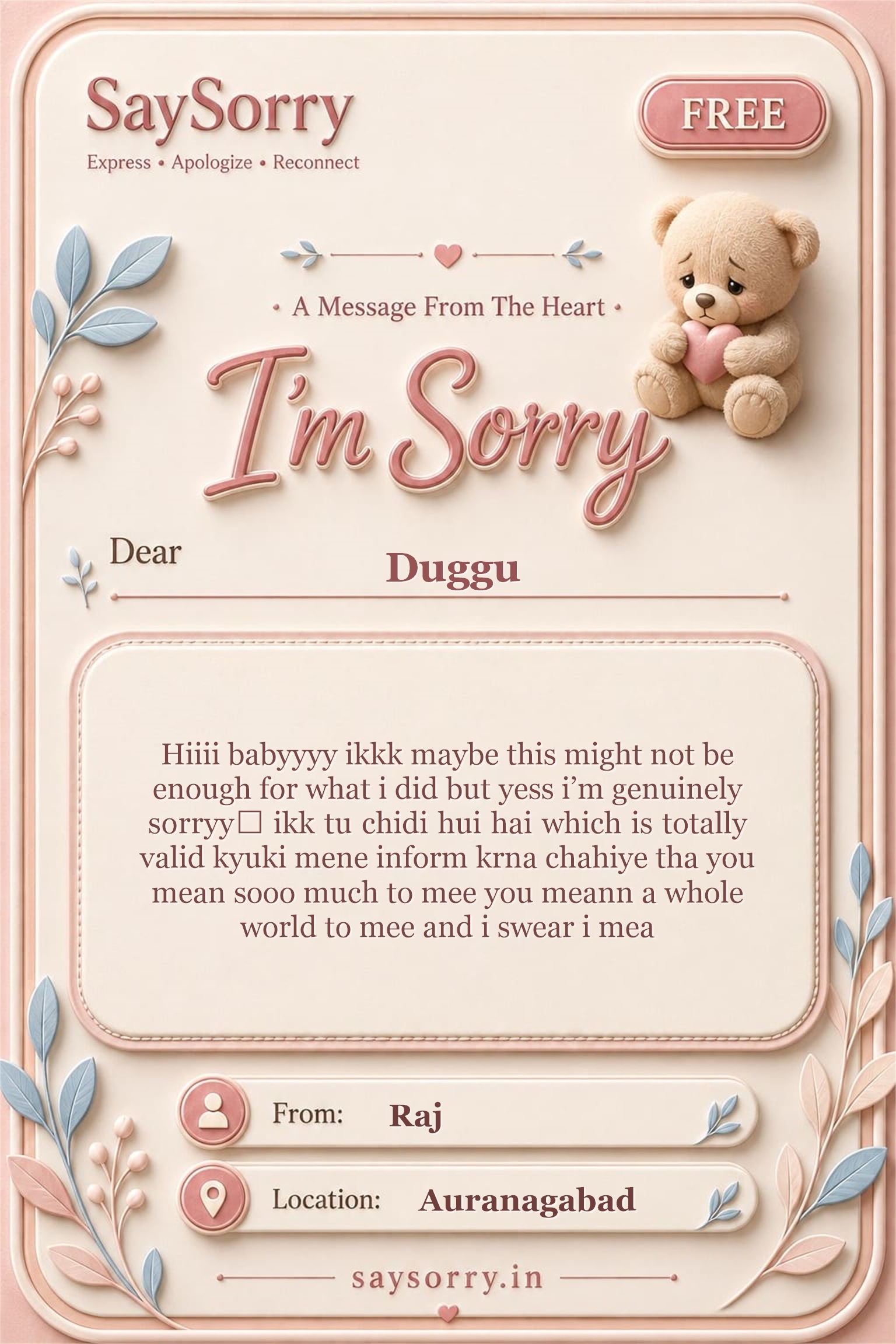 Free personalised sorry card image for Duggu with a heartfelt apology message