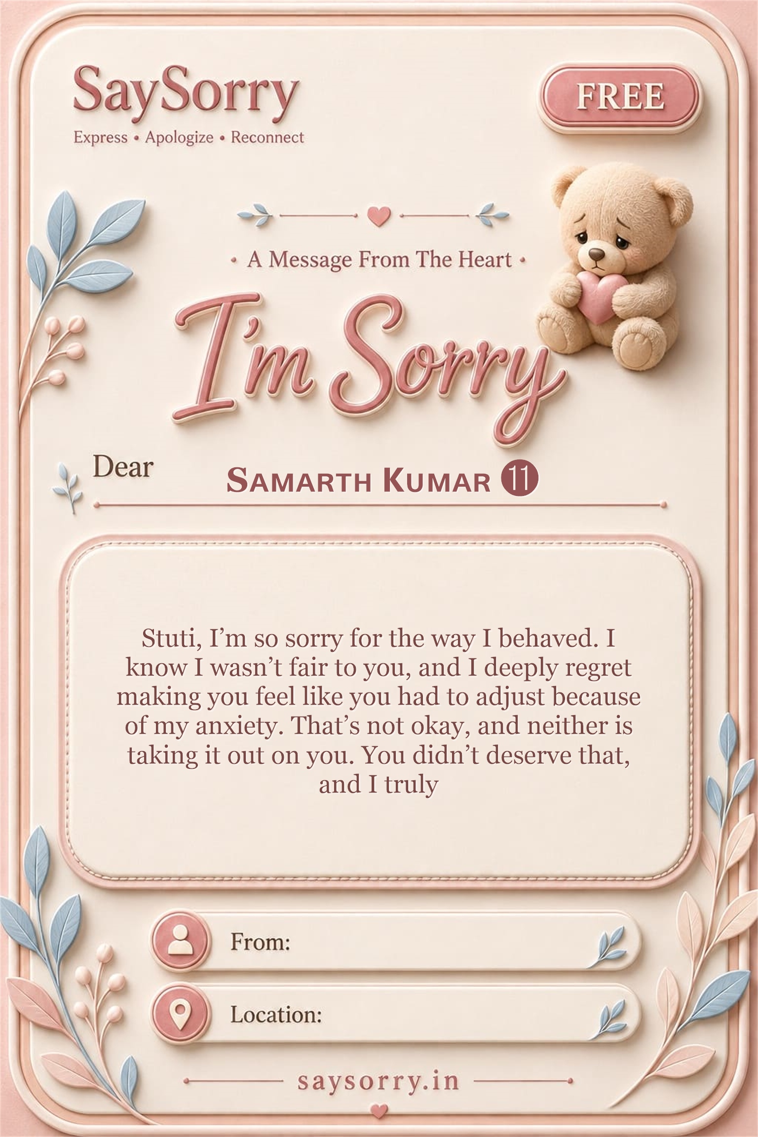 Free personalised sorry card image for Sᴀᴍᴀʀᴛʜ Ꮶᴜᴍᴀʀ ⓫ with a heartfelt apology message