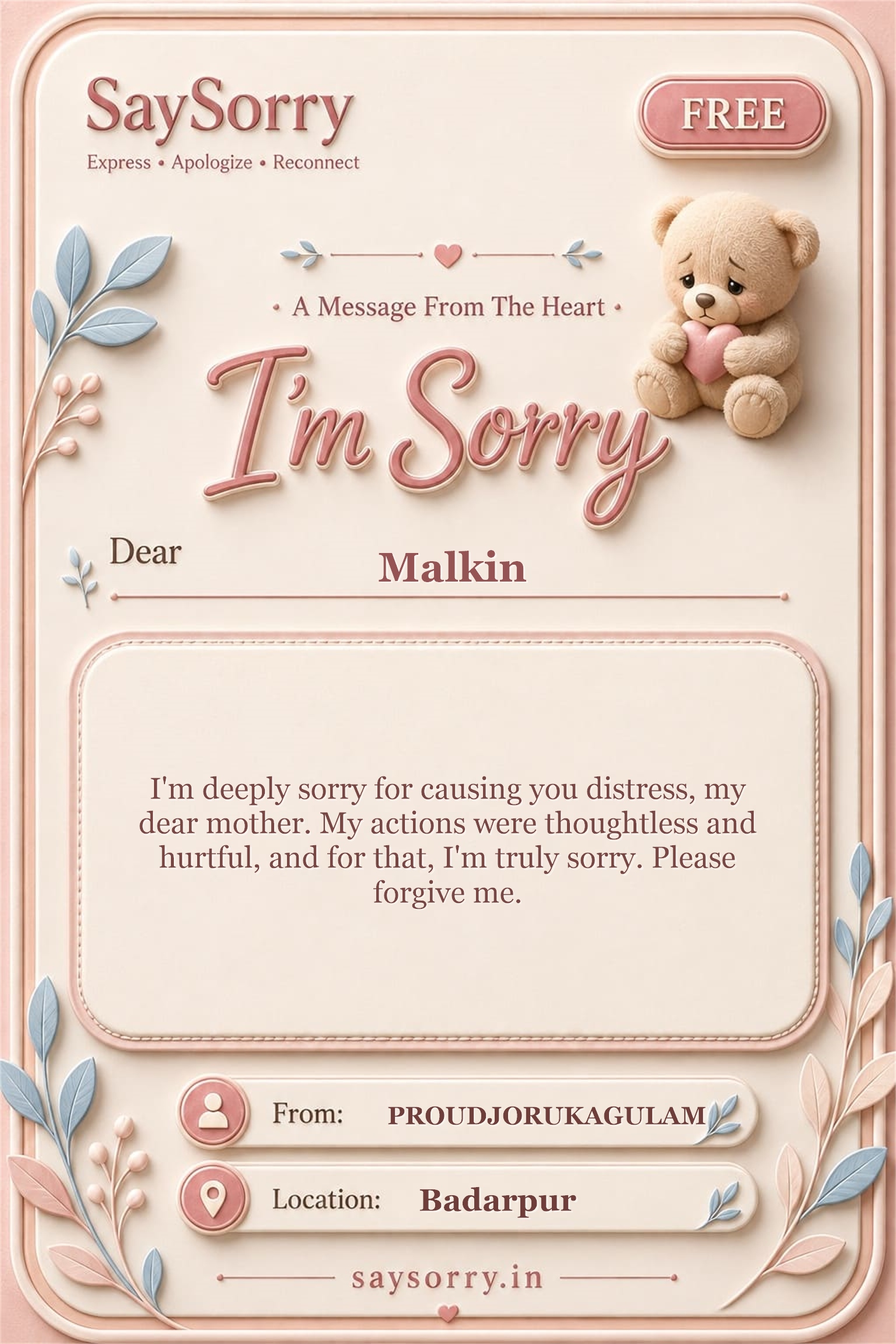 Free personalised sorry card image for Malkin with a heartfelt apology message